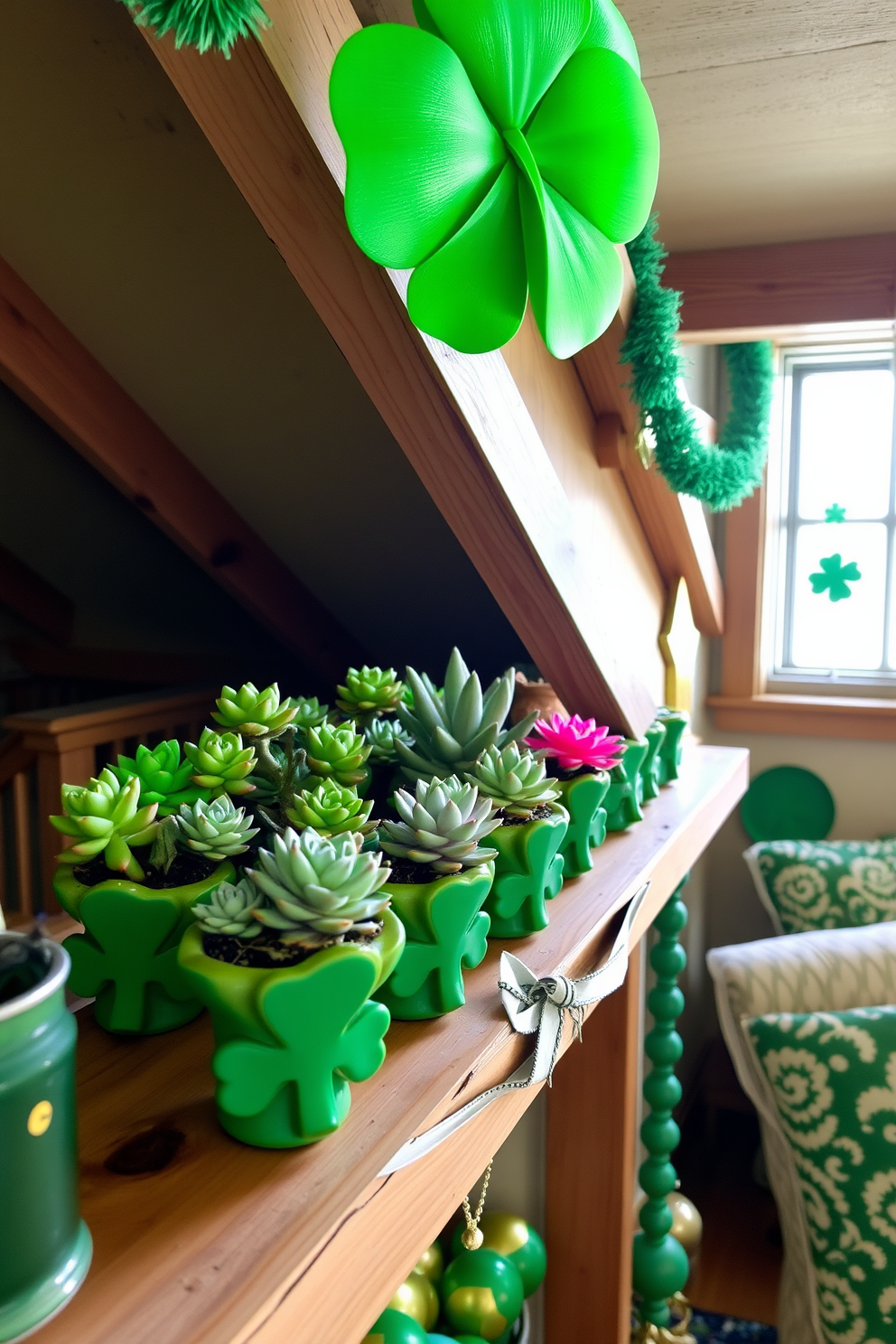 A cozy attic space decorated for St. Patrick's Day features charming shamrock-shaped pots filled with vibrant succulents. The pots are arranged on a rustic wooden shelf, complemented by green and gold accents throughout the room.