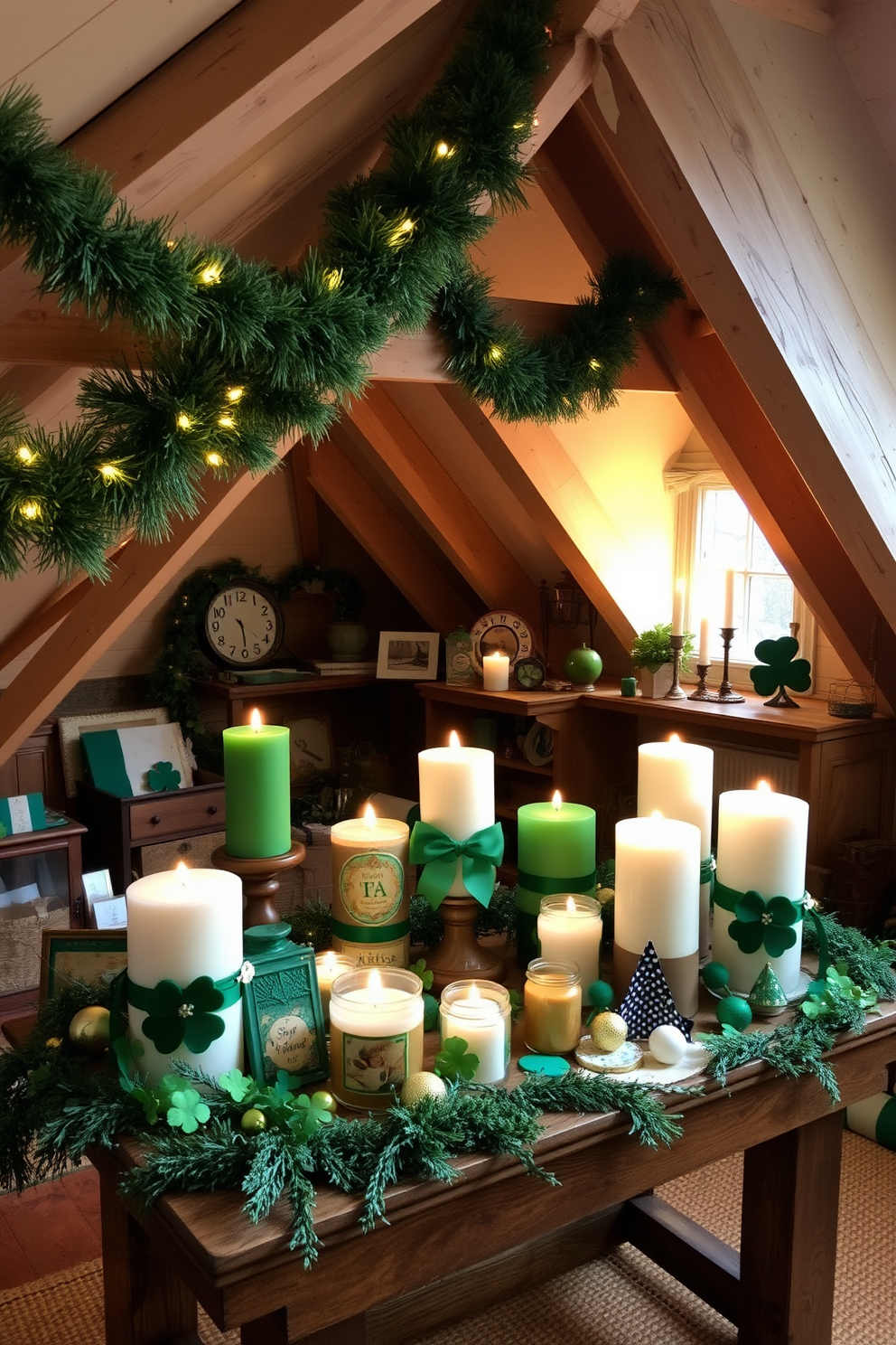 A cozy attic space adorned with St. Patrick's Day themed candles in various shapes and sizes. The candles are arranged on a rustic wooden table surrounded by green and gold decorations, creating a festive atmosphere. Soft green garlands drape along the exposed beams, complemented by twinkling fairy lights. Vintage Irish decor items are scattered throughout the attic, adding charm and character to the festive display.