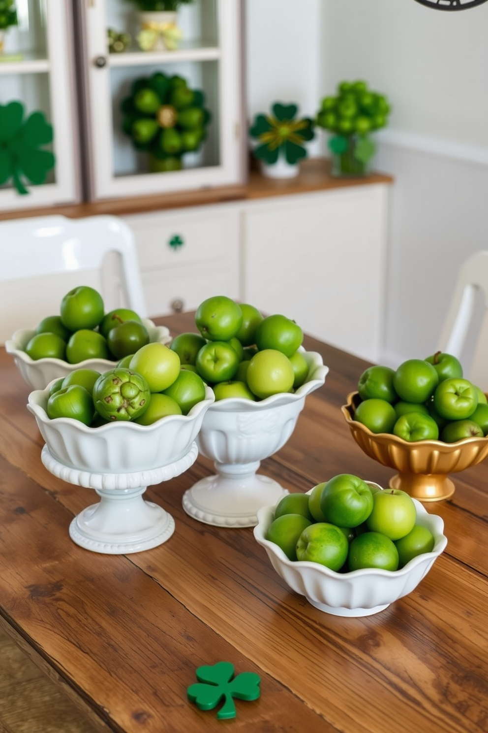 Decorative bowls filled with green fruit are elegantly arranged on a rustic wooden table. The vibrant shades of the fruit contrast beautifully with the natural texture of the wood, creating a fresh and inviting atmosphere. For St. Patrick's Day decorating ideas, consider using a mix of green and gold accents throughout the space. Incorporate shamrock motifs and soft lighting to enhance the festive spirit while maintaining an elegant ambiance.