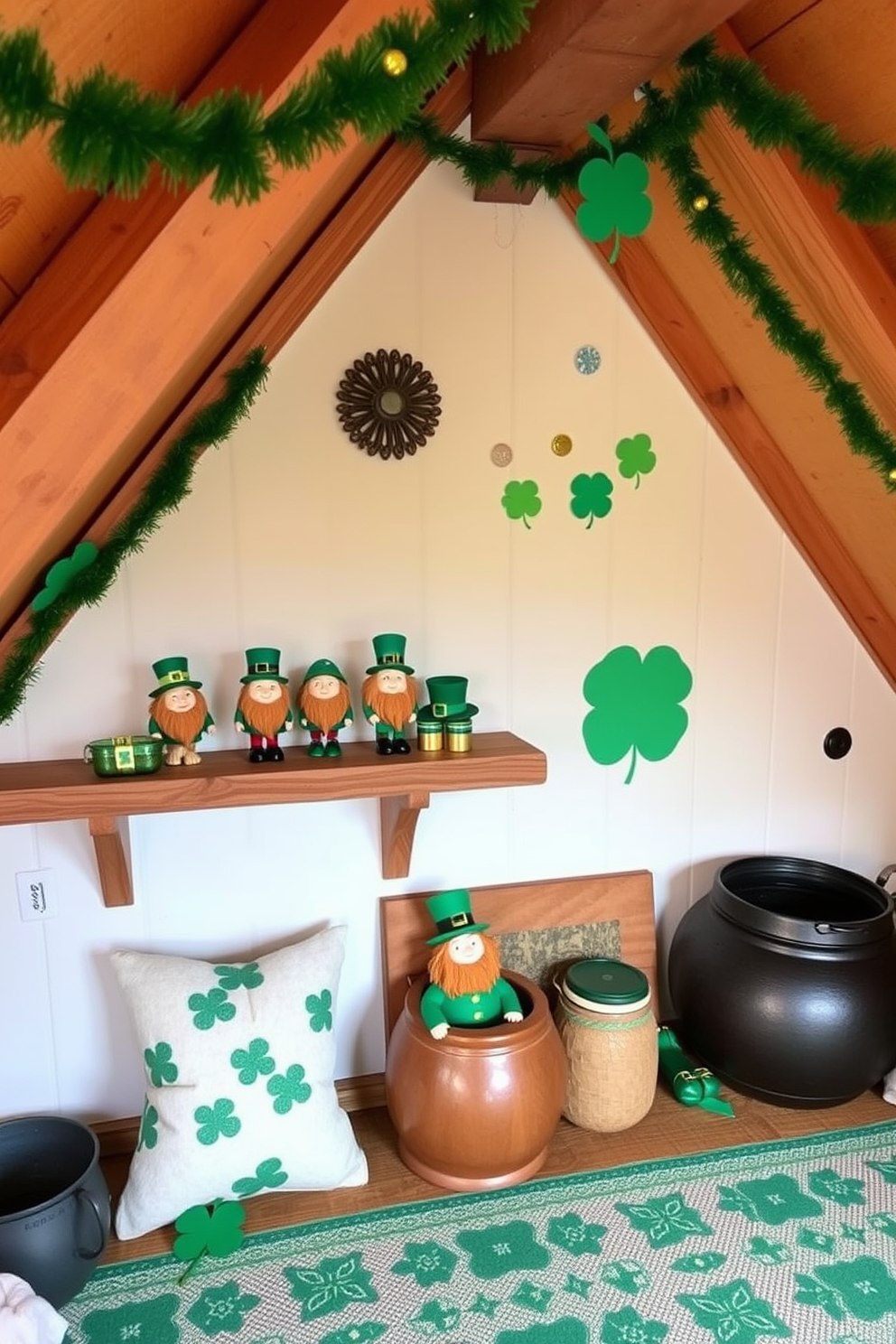 A cozy attic space decorated for St. Patrick's Day features charming leprechaun figurines displayed on rustic wooden shelves. The walls are adorned with green and gold accents, creating a festive atmosphere that celebrates the holiday.