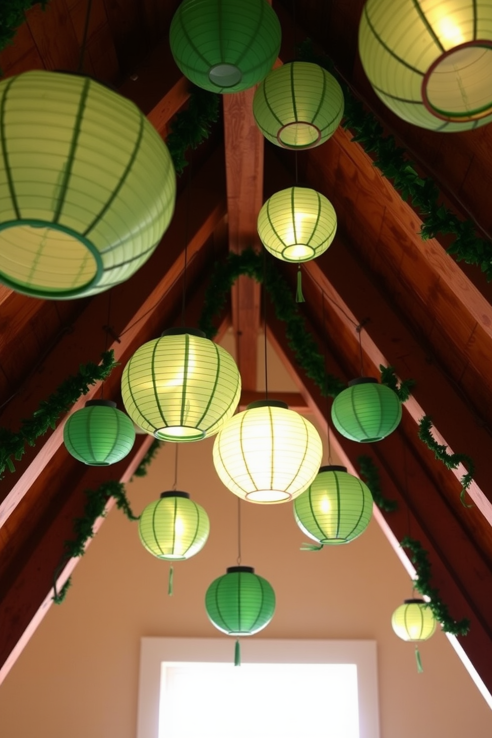 A cozy attic space decorated for St. Patrick's Day features hanging paper lanterns in various shades of green. The lanterns cast a warm glow, creating an inviting atmosphere filled with festive charm.