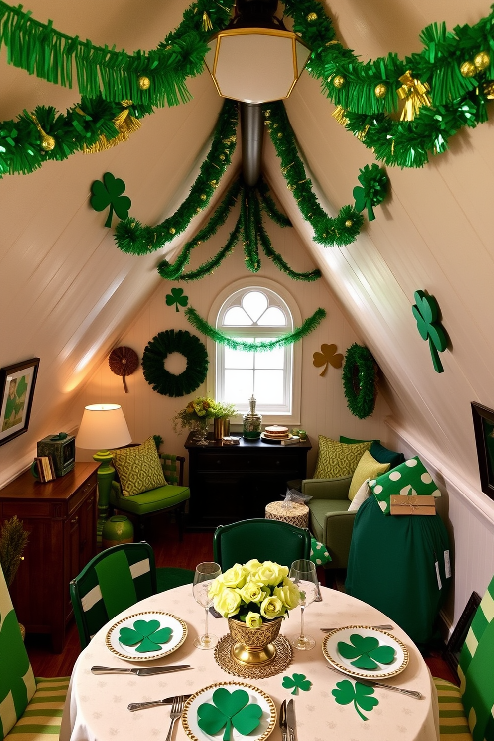 A cozy attic space celebrating St. Patrick's Day with Irish flag accents throughout. The walls are adorned with green and gold decorations, and a festive table is set with shamrock-themed tableware.