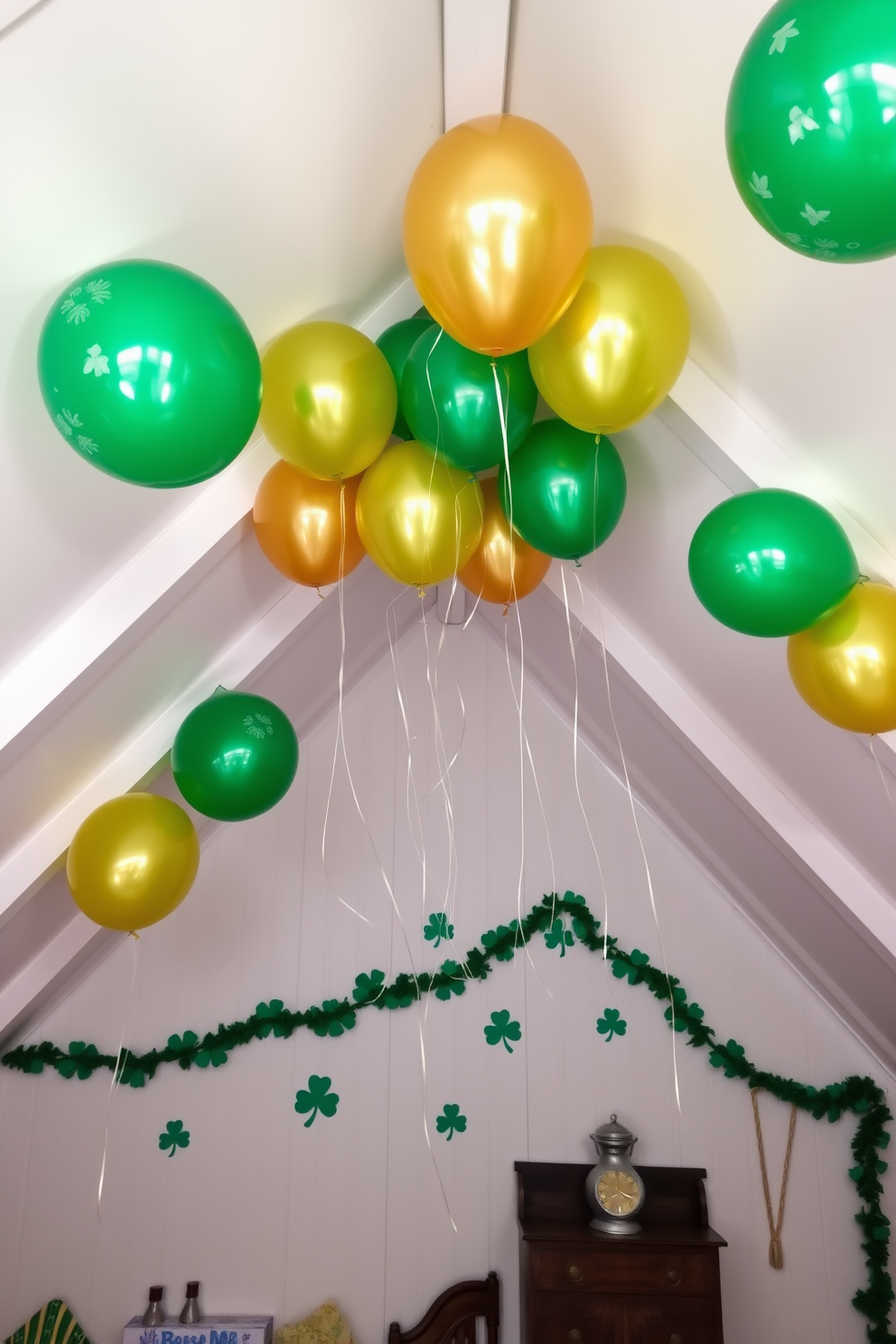 A whimsical attic space adorned with green and gold balloons floating gracefully from the ceiling. The walls are decorated with festive St. Patrick's Day garlands and shamrock motifs, creating a cheerful atmosphere.