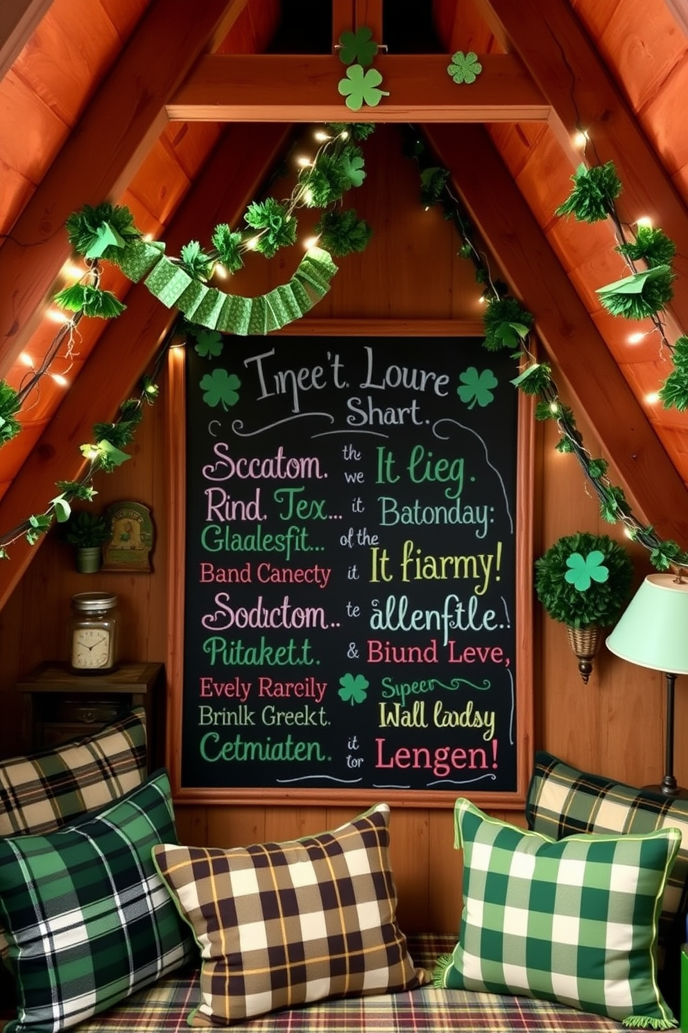 A cozy attic space decorated for St. Patrick's Day. A large chalkboard displays festive quotes in colorful chalk, surrounded by green and gold decorations. Vintage accents like shamrock garlands and fairy lights adorn the beams. A comfortable seating area with plaid cushions invites relaxation and celebration.