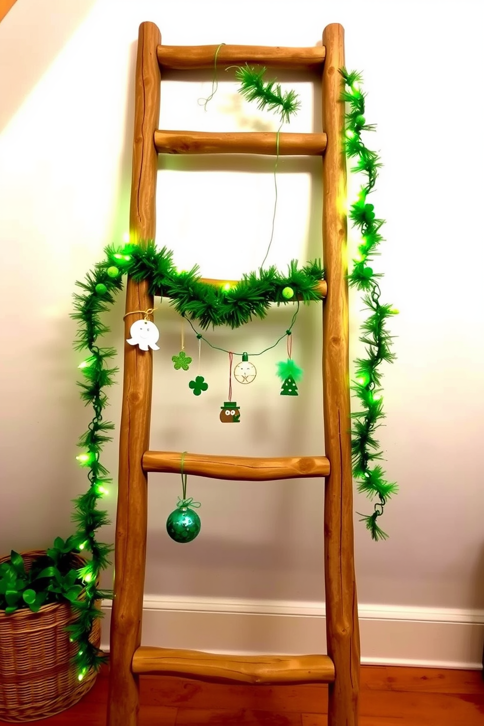 A rustic wooden ladder leans against a wall, adorned with various holiday decorations for St. Patrick's Day. Green garlands, twinkling fairy lights, and handmade ornaments hang from the rungs, creating a festive and cozy atmosphere in the attic space.