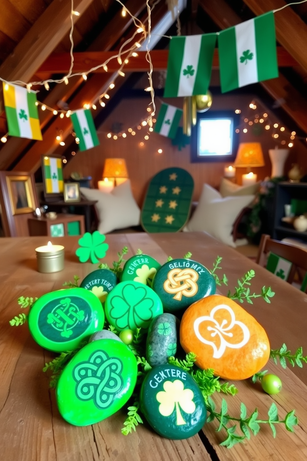 A collection of DIY painted rocks featuring intricate Irish symbols such as the Celtic knot and shamrock. These colorful stones are arranged on a rustic wooden table, surrounded by green foliage and small decorative accents for a festive St. Patrick's Day theme. The attic is transformed into a cozy retreat, adorned with green and gold decorations for St. Patrick's Day. Vintage Irish flags and twinkling fairy lights hang from the beams, creating a warm and inviting atmosphere perfect for celebrating the holiday.