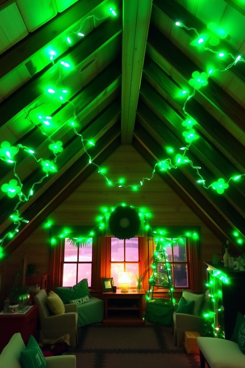 A cozy attic space adorned with green fairy lights draped around the windows creates a whimsical atmosphere. The soft glow of the lights complements the rustic wooden beams and enhances the festive St. Patrick's Day decor throughout the room.