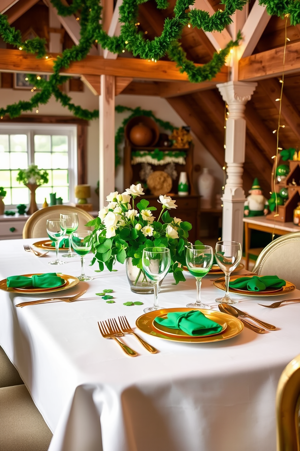 A festive table setting features a crisp white tablecloth adorned with vibrant green accents. Gold cutlery gleams alongside elegant glassware, while a centerpiece of fresh shamrocks and white flowers brings a touch of charm. The attic is transformed into a whimsical St. Patrick's Day haven with strings of green and gold garlands. Vintage decor pieces are paired with playful leprechaun figurines and twinkling fairy lights to create a cozy, inviting atmosphere.