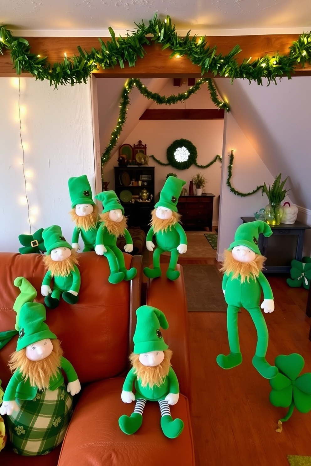 Plush leprechaun toys are playfully arranged on various pieces of furniture, adding a whimsical touch to the space. The vibrant green of the toys contrasts beautifully with the warm wood tones of the furniture, creating a festive atmosphere. In the attic, St. Patrick's Day decorations are thoughtfully placed to enhance the charm of the room. Twinkling fairy lights and green garlands create a cozy ambiance, inviting guests to celebrate the holiday in style.