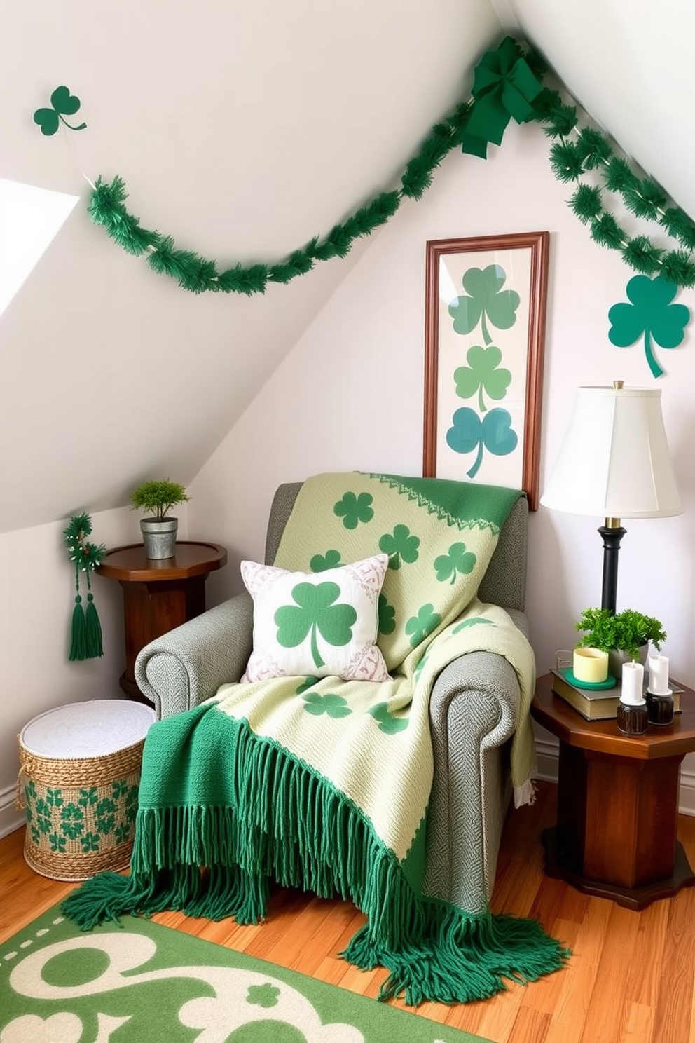 A cozy attic space adorned for St. Patrick's Day features seasonal throw blankets in various shades of green draped over a comfortable armchair. The walls are decorated with festive garlands and shamrock-themed artwork, creating a cheerful and inviting atmosphere.