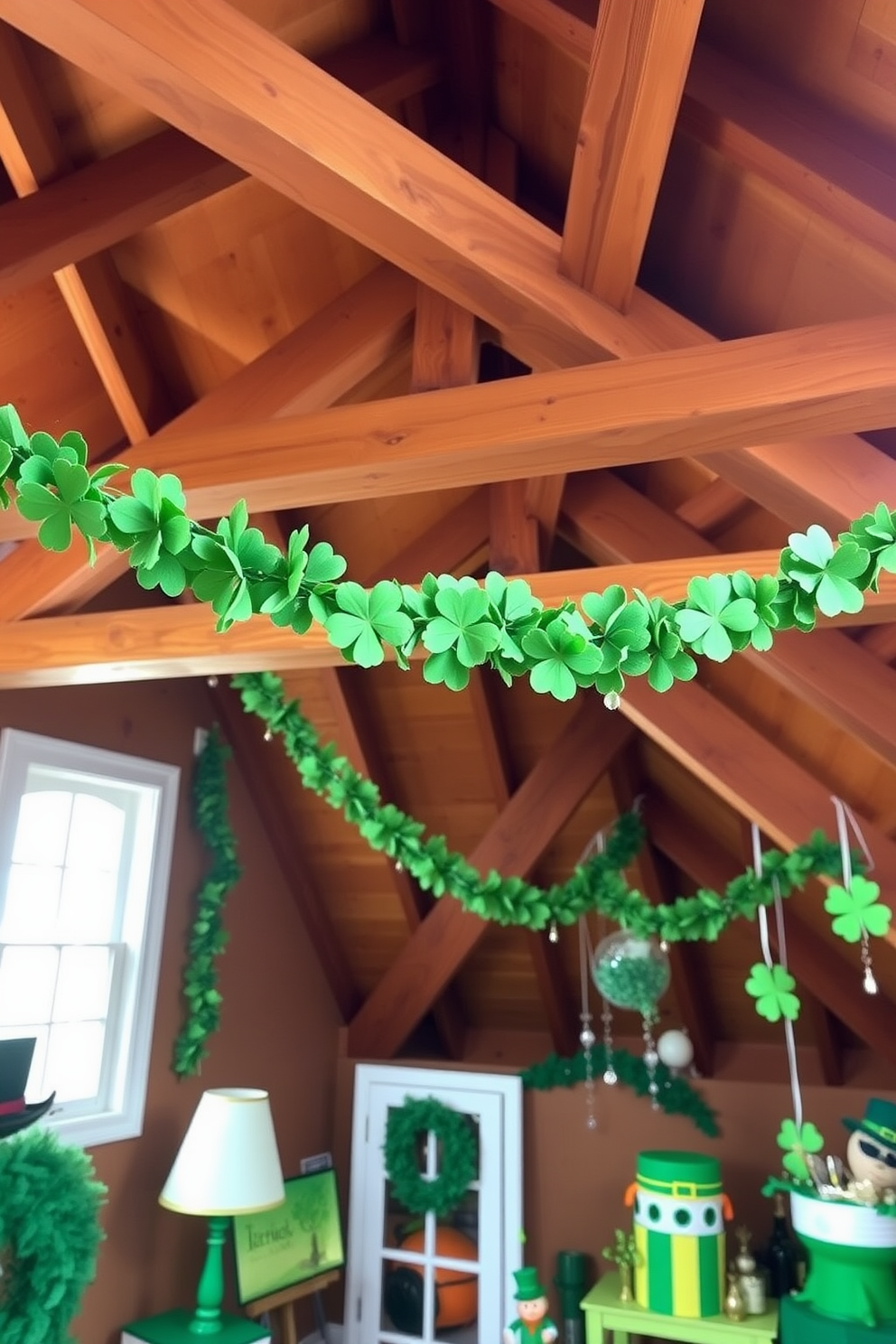 Shamrock garlands elegantly drape across the exposed wooden beams of the attic, creating a festive atmosphere. The space is adorned with playful St. Patrick's Day decorations, including green accents and charming Irish-themed ornaments.