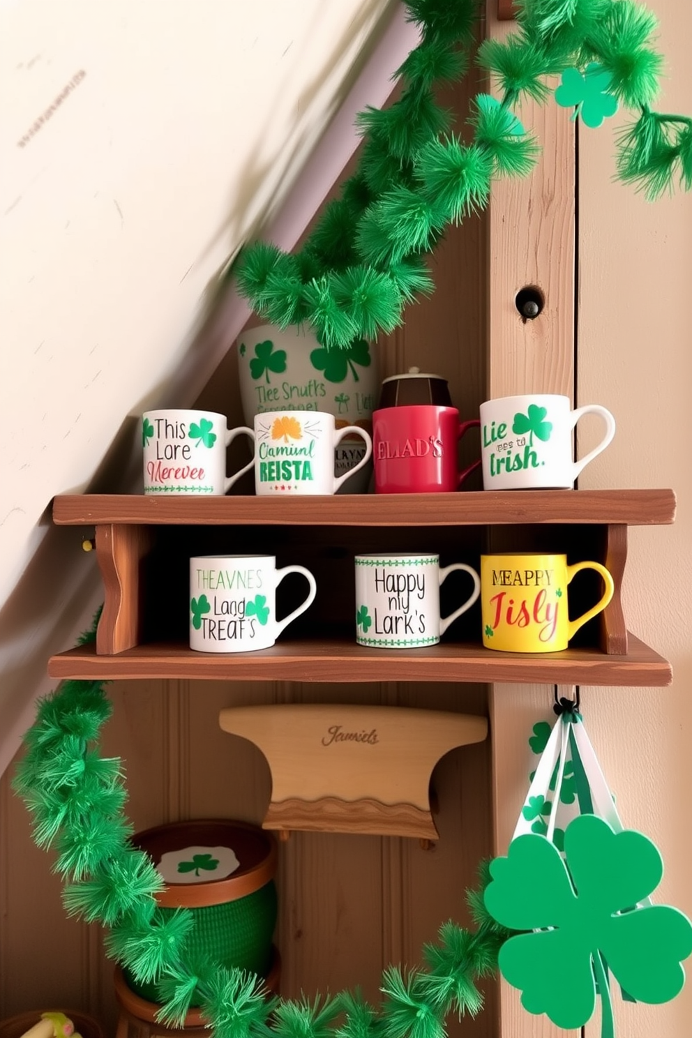 Decorative mugs with Irish sayings are displayed on a rustic wooden shelf. The mugs feature colorful designs and phrases that celebrate Irish culture, adding charm to the attic space. For St. Patrick's Day decorating ideas, the attic is adorned with green garlands and shamrock-themed decorations. Soft lighting enhances the festive atmosphere, creating a cozy and inviting space for celebration.