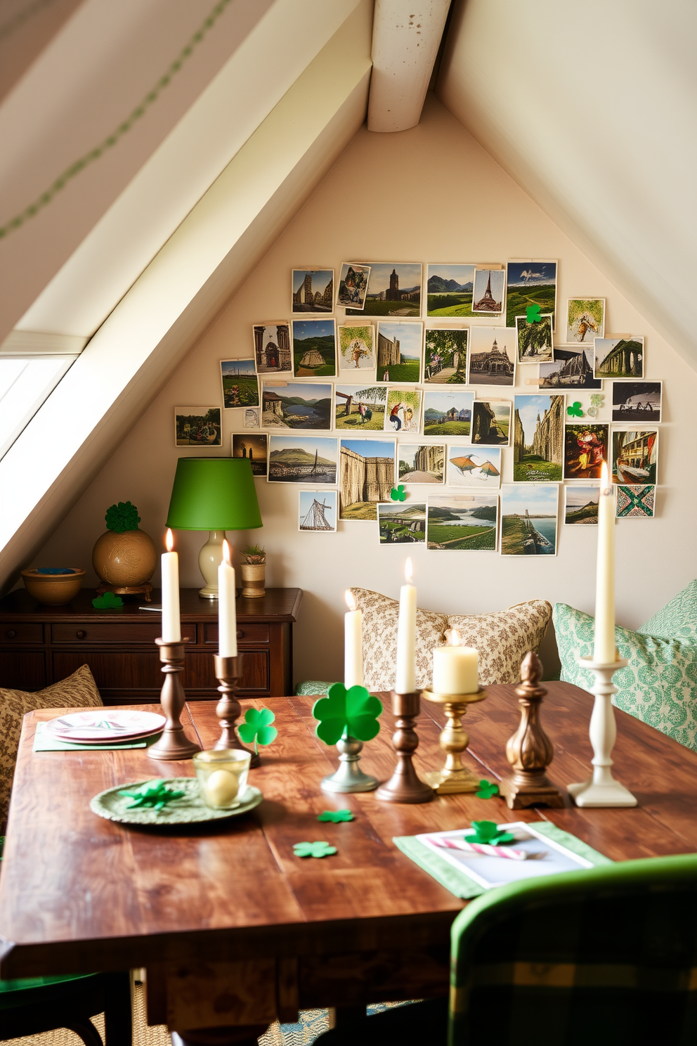 A cozy attic space adorned with vintage Irish postcards as wall art. The postcards are arranged in a creative collage, showcasing various scenes of Ireland, adding a touch of nostalgia to the room. Soft green and gold accents complement the St. Patrick's Day theme throughout the decor. A rustic wooden table is set with festive decorations, including shamrock centerpieces and candles in vintage holders.