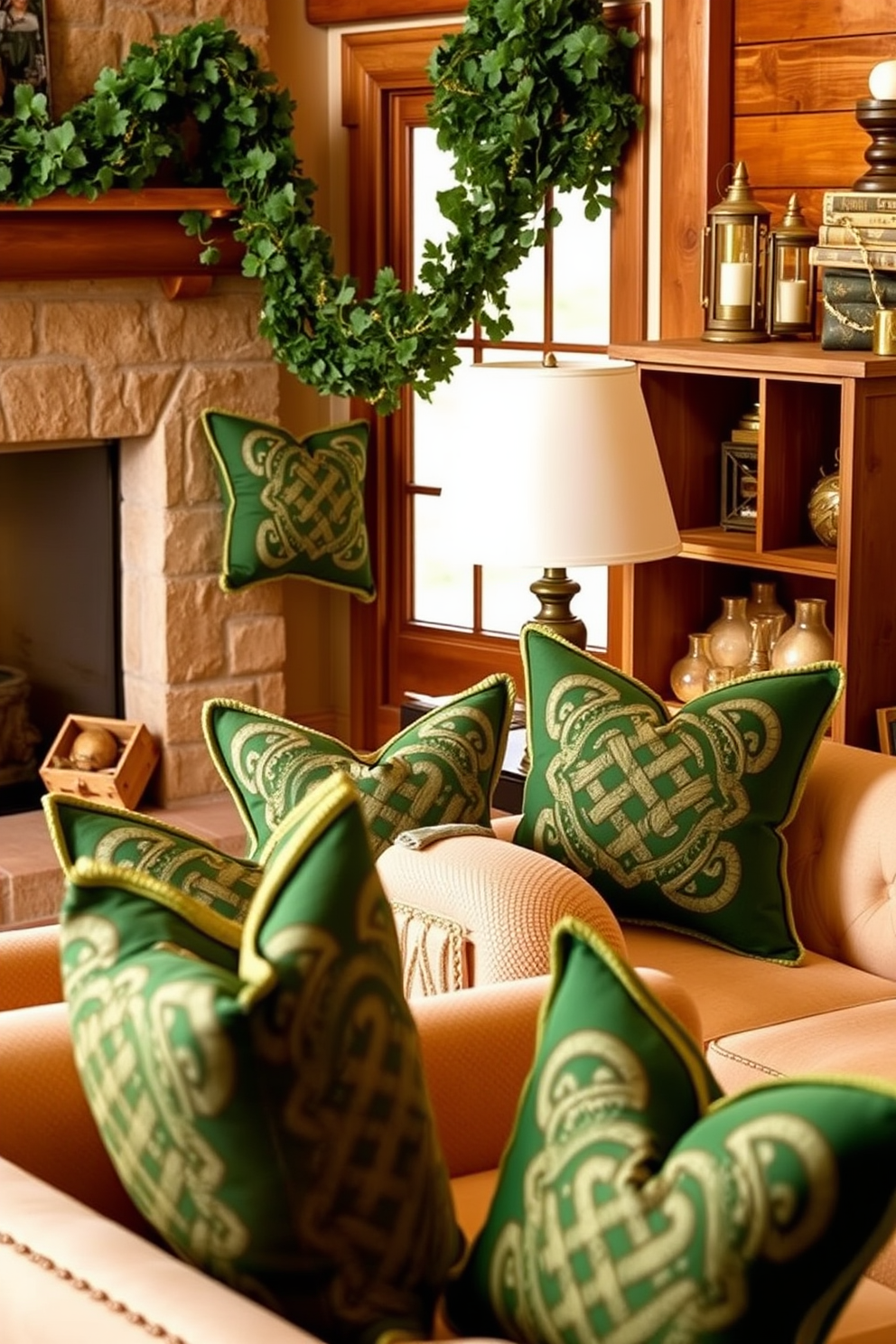 Celtic knot throw pillows are elegantly placed on plush armchairs, adding a touch of Irish charm to the cozy seating area. The rich green and intricate patterns of the pillows complement the warm wood tones of the furniture and create a festive atmosphere. For St. Patrick's Day decorating ideas, consider adorning the space with garlands of shamrocks and golden accents. Incorporate rustic elements like wooden crates and lanterns to enhance the theme while maintaining a sophisticated look.