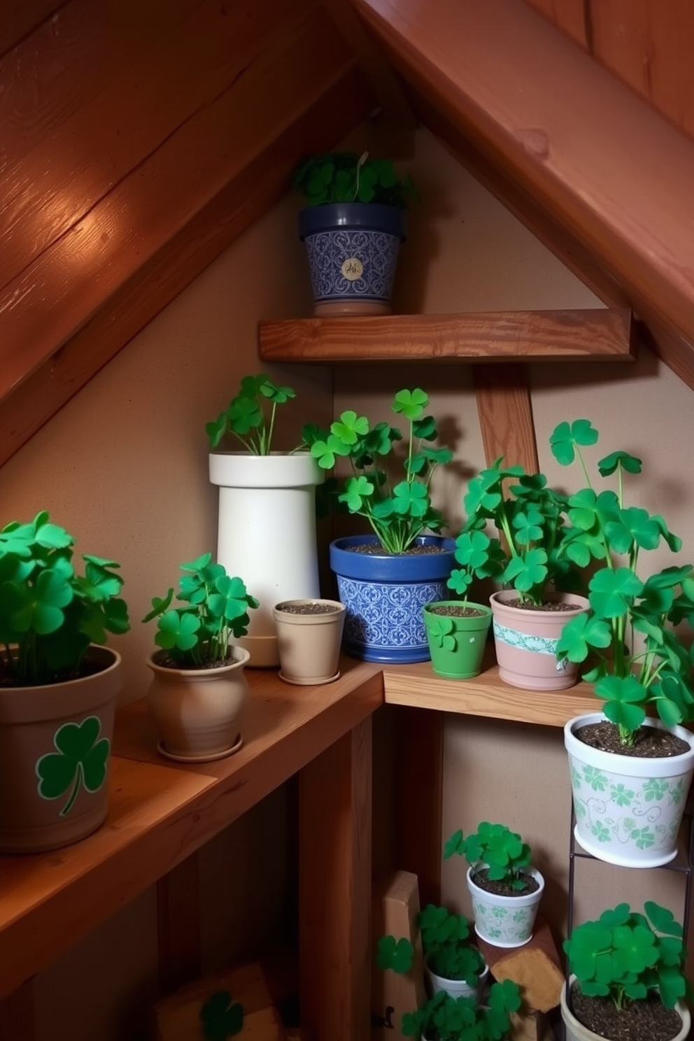 A cozy attic space adorned with potted clovers in decorative pots of varying sizes. The pots are arranged on rustic wooden shelves, surrounded by soft, warm lighting that creates an inviting atmosphere for St. Patrick's Day celebrations.