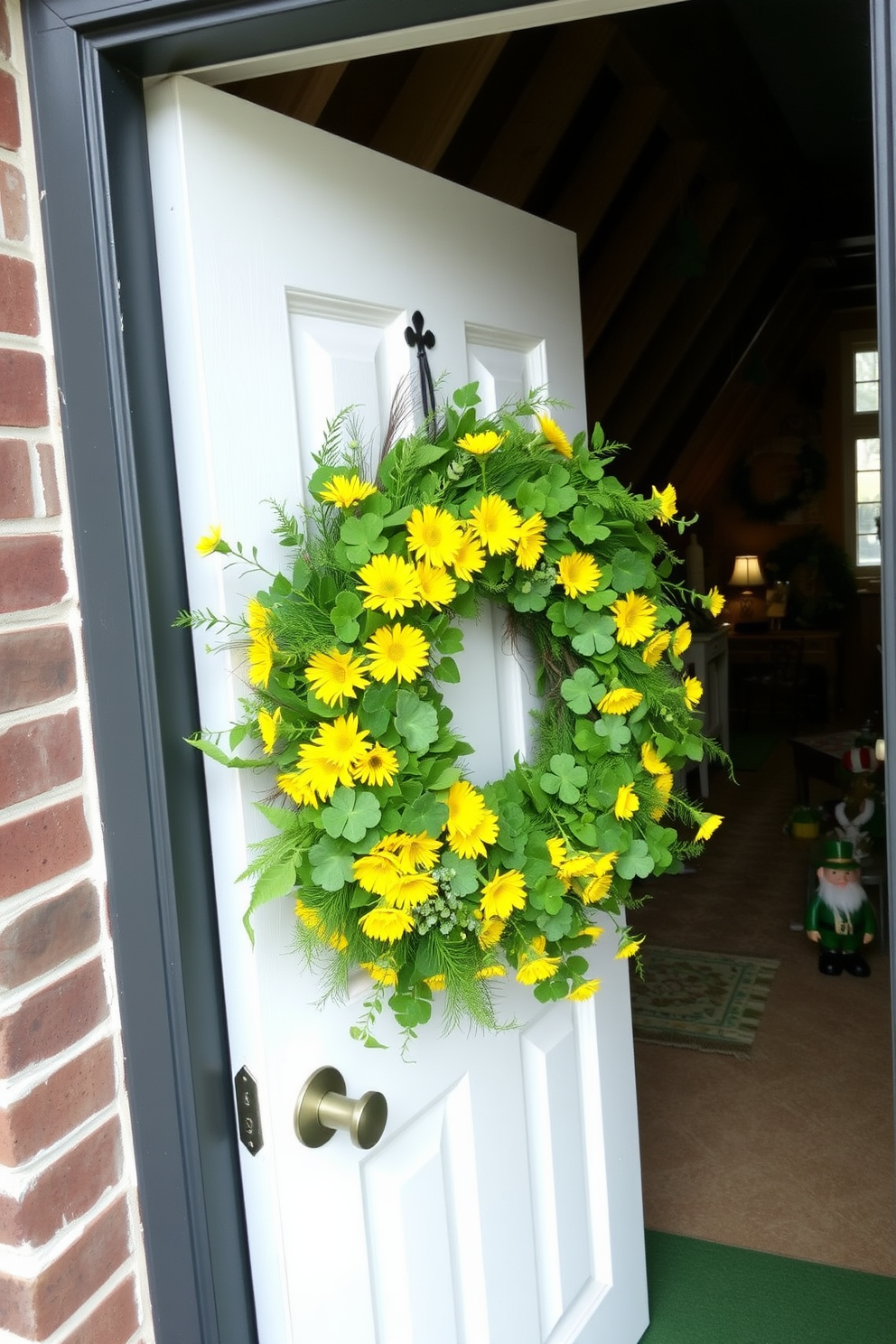 A vibrant St. Patrick's Day wreath adorns the front door, featuring a mix of fresh green foliage, shamrocks, and cheerful yellow flowers. The door is painted a crisp white, creating a striking contrast against the colorful wreath. Inside the attic, whimsical St. Patrick's Day decorations bring the space to life. Green and gold accents, along with playful leprechaun figurines, create a festive atmosphere that celebrates the holiday spirit.