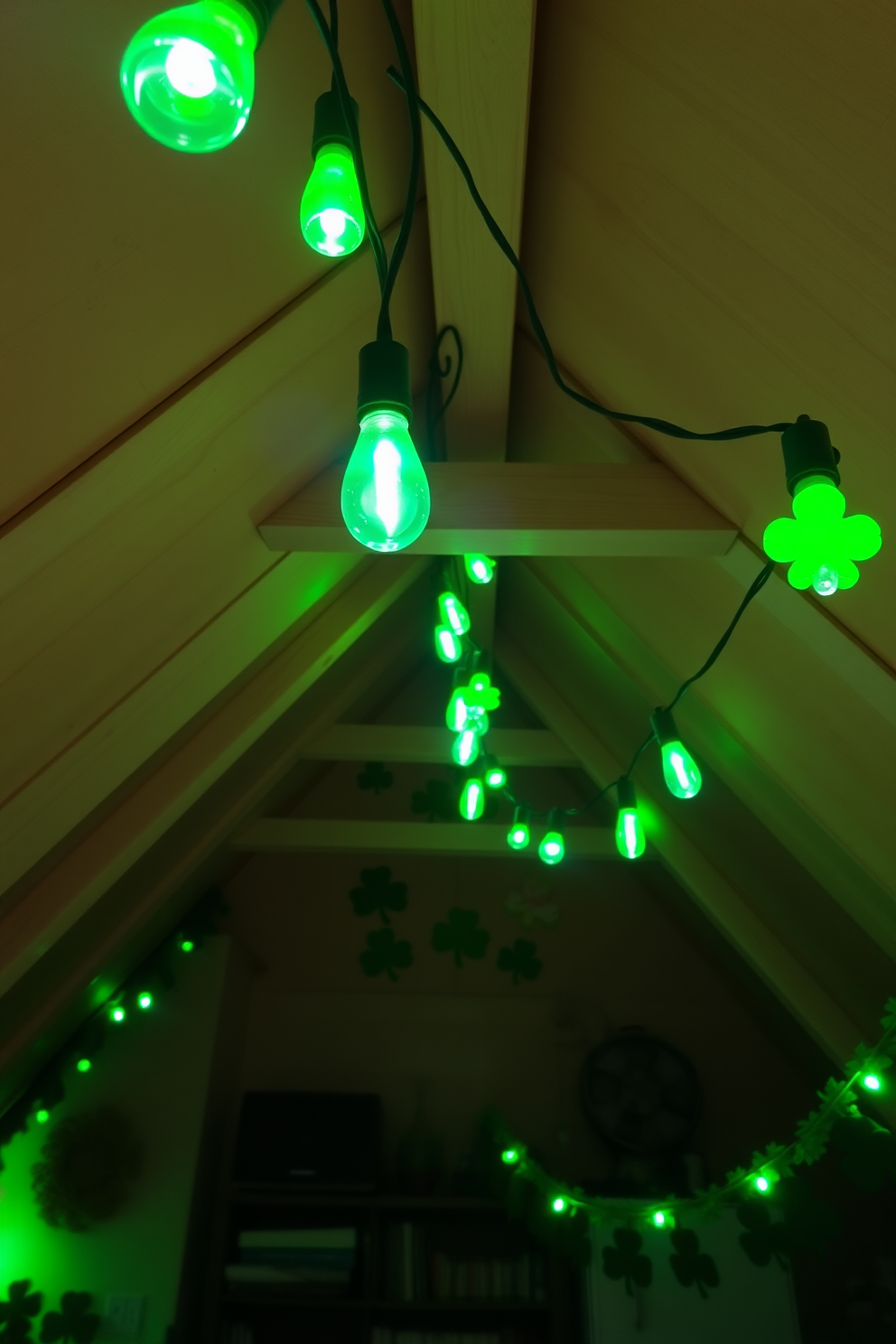 A cozy attic space adorned with hanging string lights in vibrant green. The atmosphere is festive, with decorations celebrating St. Patrick's Day, including shamrocks and garlands.