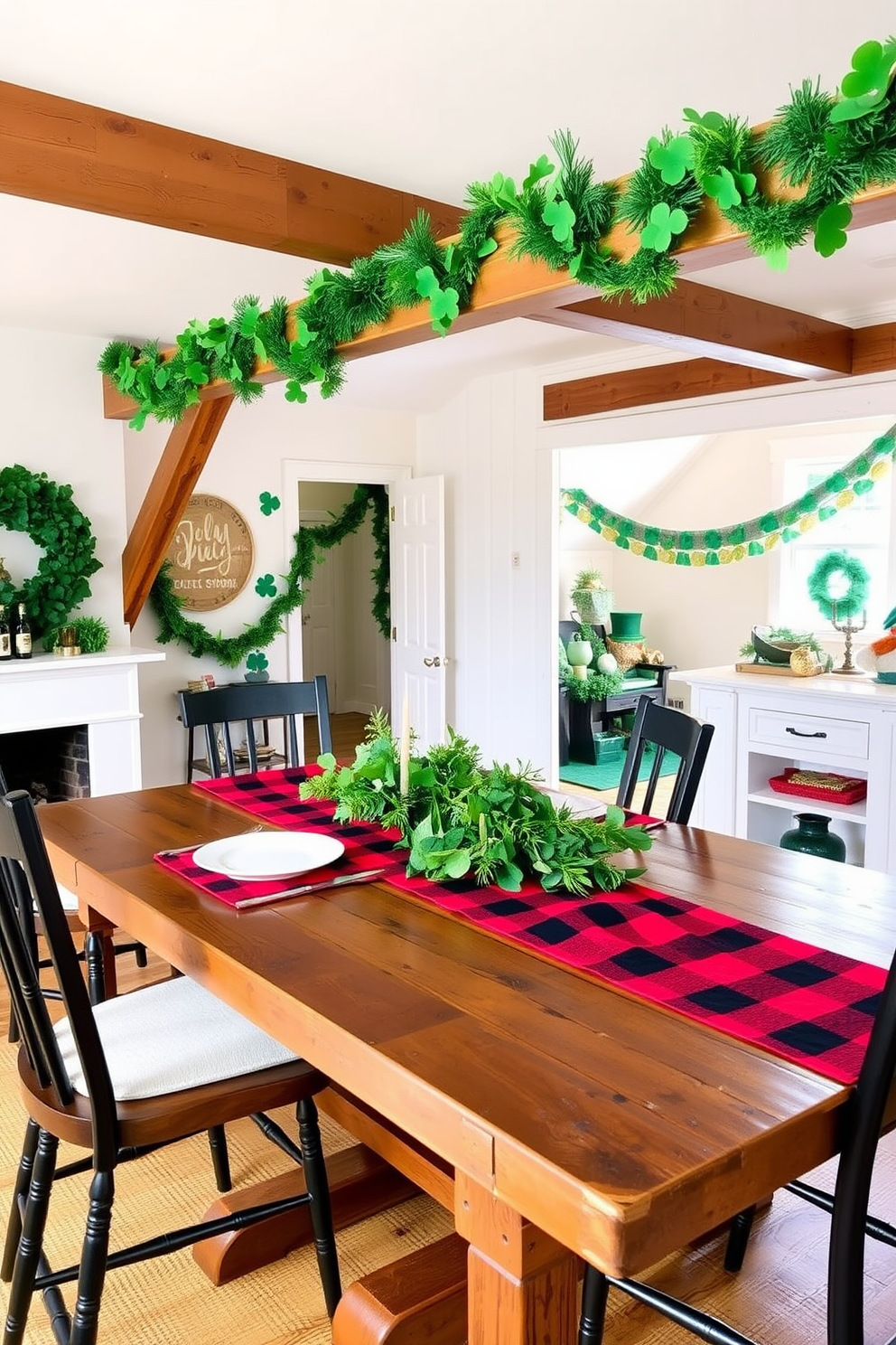 A cozy dining room featuring a rustic wooden table adorned with a buffalo plaid table runner in classic red and black. The table is set with white dinnerware, and a centerpiece of fresh greenery and candles adds a warm touch. An inviting attic space transformed for St. Patrick's Day with vibrant green decorations. Shamrock garlands drape from the beams, and a whimsical display of leprechaun figurines and gold coins create a festive atmosphere.