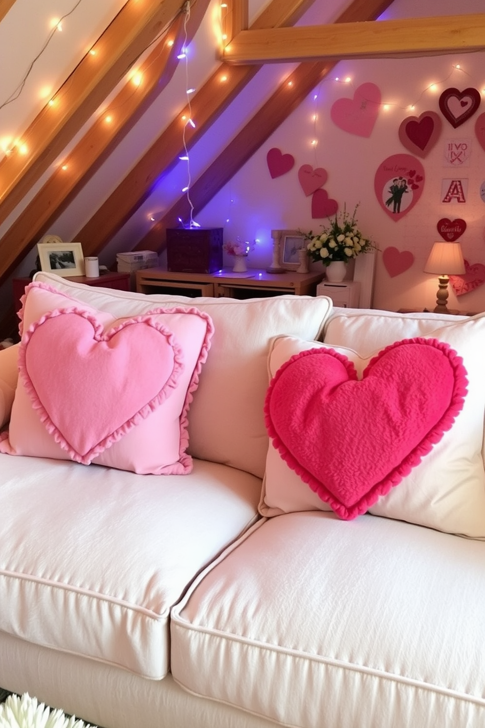 Cozy heart-themed throw pillows are arranged on a plush couch, creating a warm and inviting atmosphere. Soft pastel colors and textured fabrics enhance the comfort of the space, making it perfect for relaxation. The attic is transformed into a charming Valentine's Day retreat with twinkling fairy lights and romantic decor. Vintage decorations and handmade crafts add a personal touch, celebrating love in a unique and cozy setting.