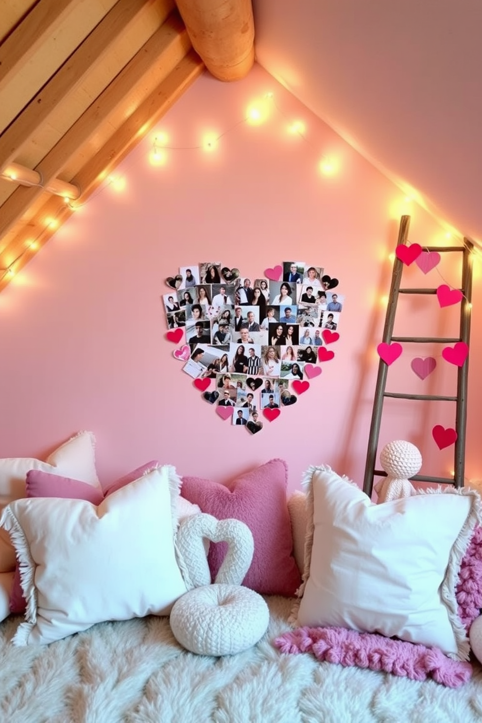 A charming DIY heart-shaped photo collage wall adorned with a variety of personal photographs. The wall is painted in a soft pastel color, creating a warm and inviting atmosphere for Valentine's Day. In the attic, cozy decorations include twinkling fairy lights and plush throw pillows scattered throughout the space. A vintage ladder leans against the wall, decorated with heart-shaped garlands and handmade crafts to enhance the romantic theme.