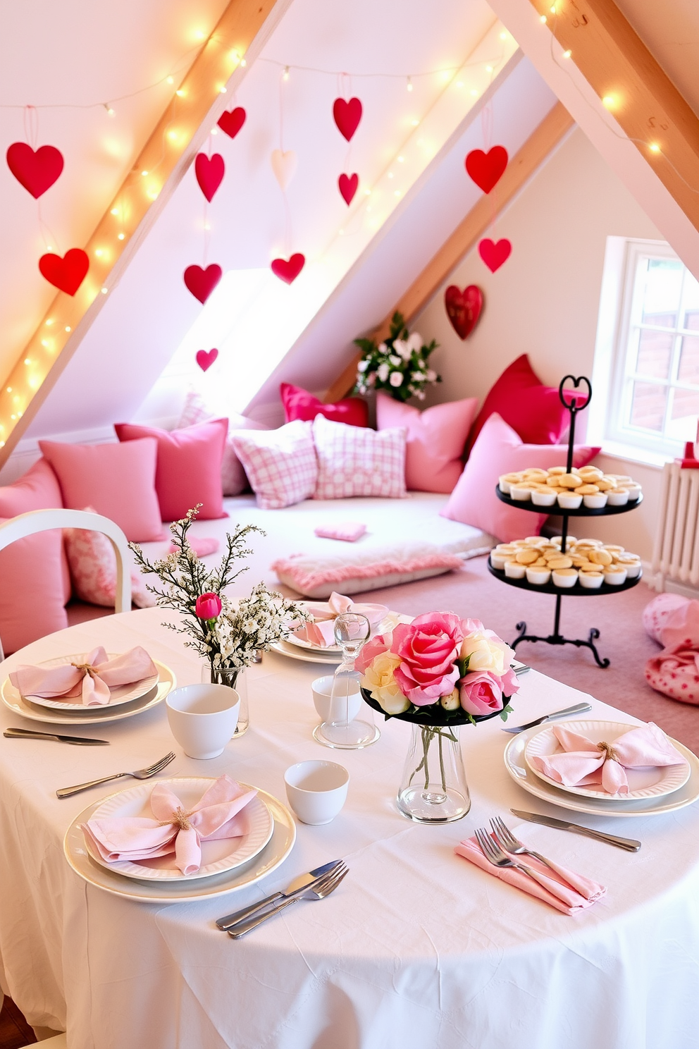 Soft pastel table settings for snacks. A delicate arrangement of pastel-colored plates and bowls is set on a white linen tablecloth, complemented by soft pink napkins tied with twine. Small floral centerpieces featuring baby’s breath and peonies add a romantic touch, while an assortment of bite-sized treats is beautifully displayed on tiered stands. Attic Valentines Day Decorating Ideas. The attic is transformed into a cozy retreat with string lights draped across the beams, casting a warm glow. Heart-shaped garlands and soft cushions in shades of red and pink create an inviting atmosphere, perfect for a romantic celebration.