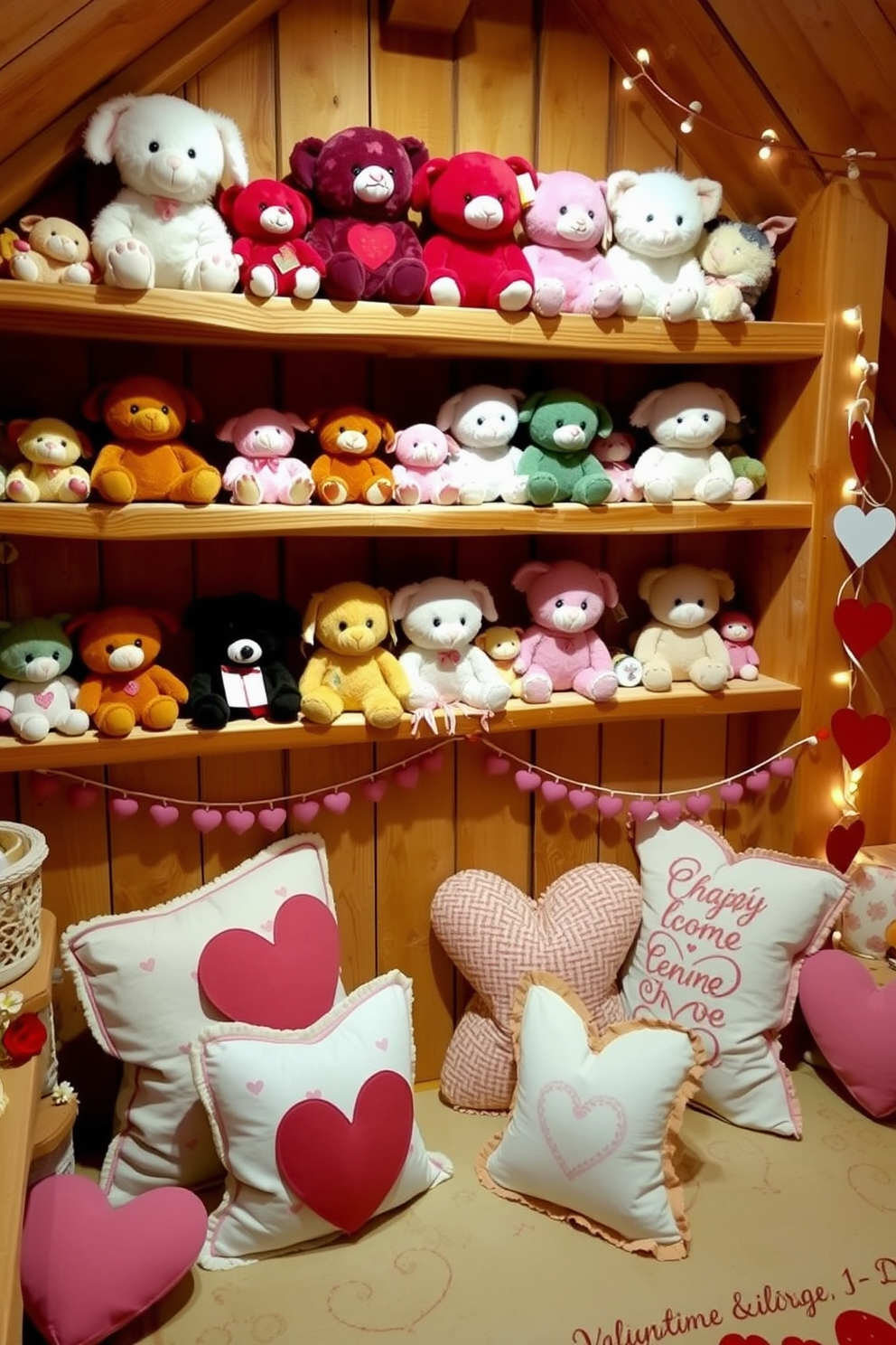 Adorable stuffed animals are arranged on wooden shelves, showcasing a variety of colors and sizes. Each shelf is adorned with playful accents, creating a whimsical atmosphere in the room. The attic is transformed into a cozy space for Valentine's Day, with soft lighting and heart-themed decorations. Vintage-inspired garlands and romantic cushions invite a warm and inviting ambiance.