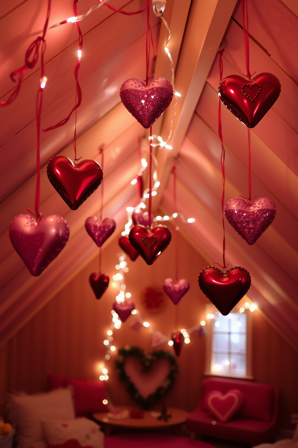 A cozy attic space adorned with hanging heart-shaped ornaments from the ceiling creates a festive atmosphere. Soft fairy lights twinkle around the ornaments, enhancing the romantic vibe of the Valentine's Day decor.