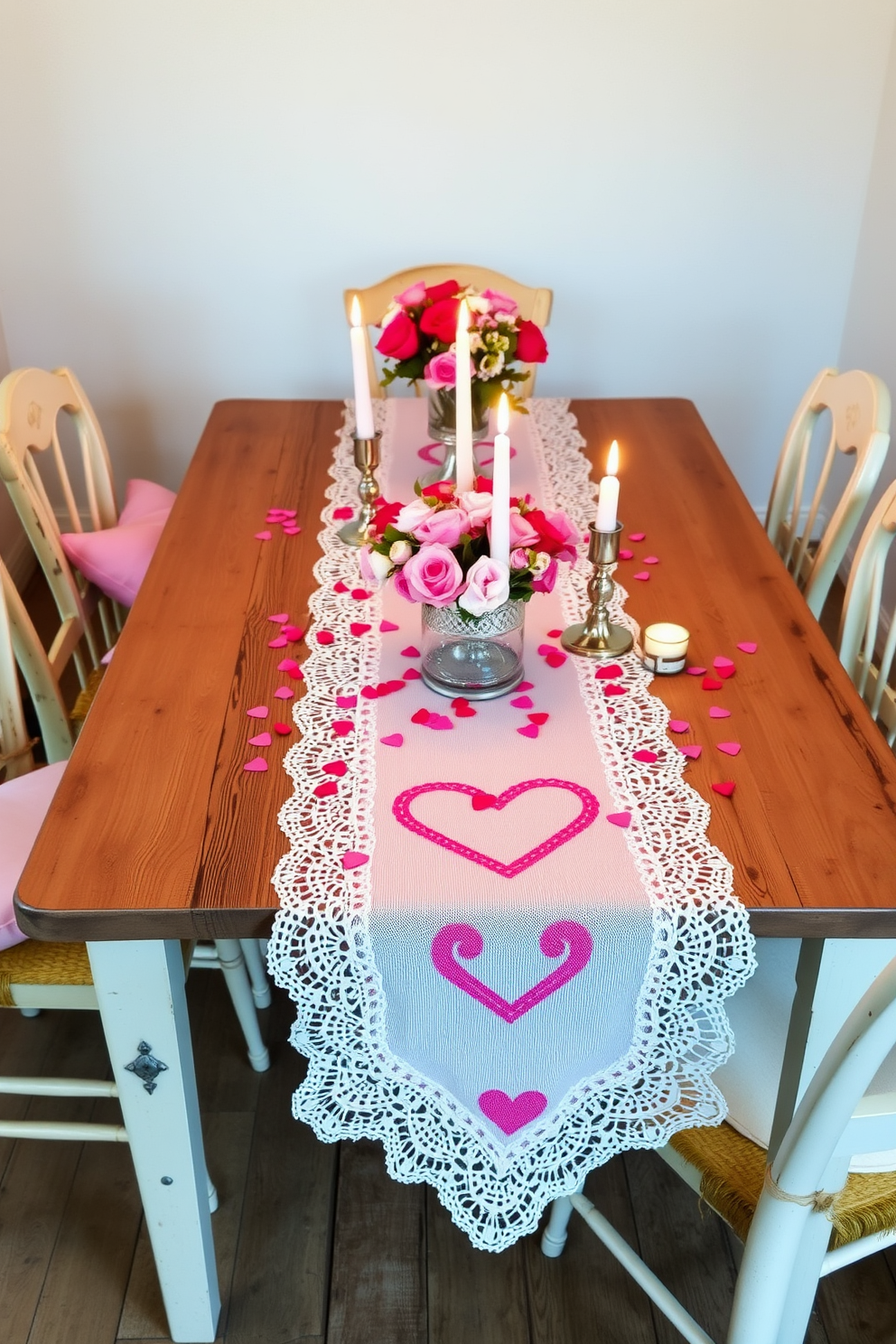 A charming Valentine-themed table runner adorned with delicate lace stretches across a rustic wooden dining table. Surrounding the table are mismatched vintage chairs, each draped with soft pastel cushions to enhance the romantic ambiance. Scattered heart-shaped confetti adds a playful touch to the table setting, while flickering candles in elegant holders create a warm glow. Fresh flowers in shades of pink and red are arranged in a simple vase at the center, completing the inviting atmosphere for a Valentine's Day celebration.