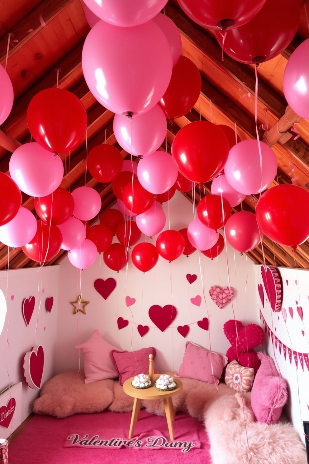 A whimsical attic space filled with red and pink balloons of various sizes floating gently from the ceiling. The walls are adorned with heart-themed decorations, and a cozy seating area is set up with plush cushions and a small table for treats, creating a festive Valentine's Day atmosphere.