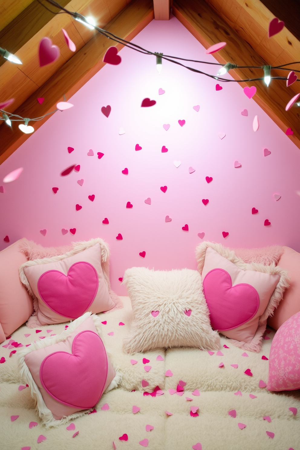 Heart-shaped confetti is scattered playfully across various surfaces, adding a whimsical touch to the space. Soft pastel colors dominate the decor, creating a warm and inviting atmosphere perfect for Valentine's Day. Cozy seating arrangements are adorned with plush cushions in heart motifs, inviting guests to relax and enjoy the festive ambiance. String lights twinkle overhead, casting a gentle glow that enhances the romantic vibe of the attic.