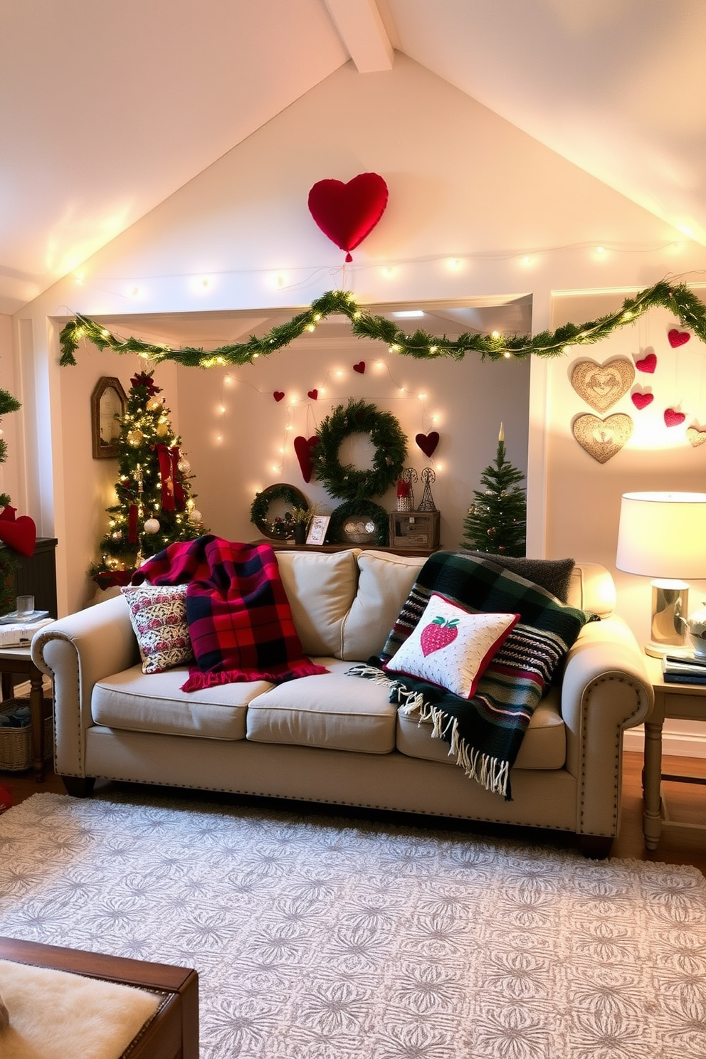 A cozy living room setting decorated for the holiday season. Seasonal throw blankets in festive colors are draped over a plush sofa, enhancing the warm and inviting atmosphere. An attic transformed for Valentine's Day celebrations. Delicate heart-themed decorations adorn the walls, while soft lighting creates a romantic ambiance perfect for the occasion.