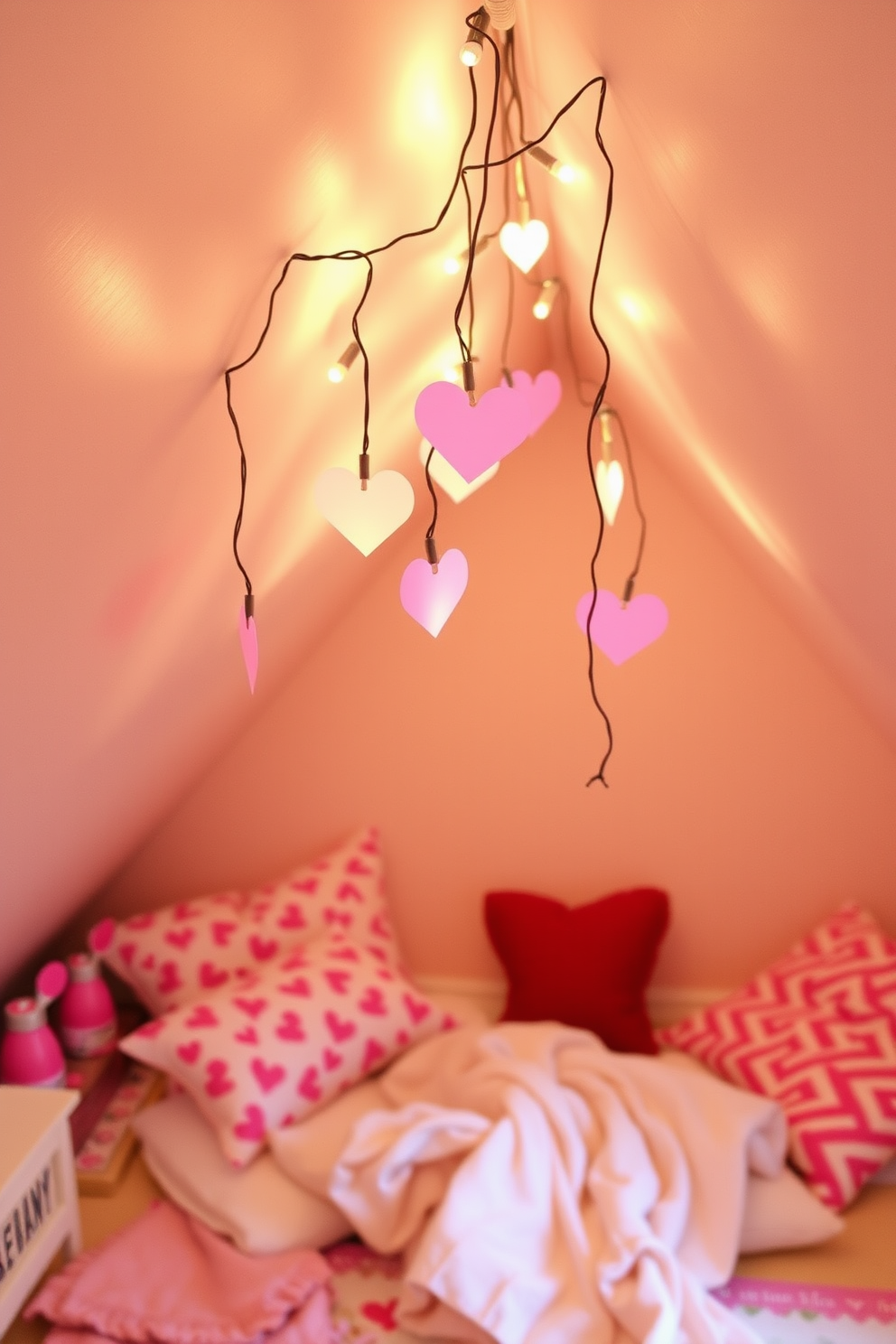 Create a cozy attic space decorated for Valentine's Day. String lights with paper hearts hang gracefully from the sloped ceiling, casting a warm glow throughout the room.