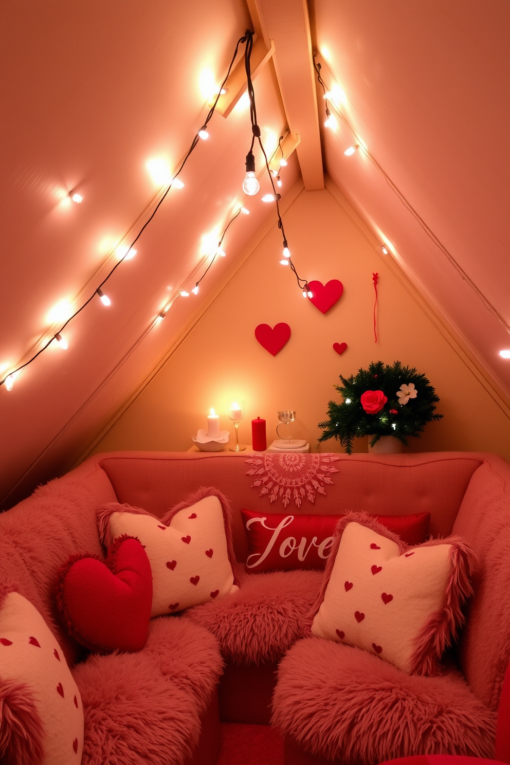 Create a cozy attic space perfect for Valentine's Day. Soft string lights hang from the beams, casting a warm glow over plush seating adorned with heart-themed cushions. Set the mood with a romantic music playlist that enhances the ambiance. Choose soothing melodies that evoke feelings of love and nostalgia, creating a perfect backdrop for intimate gatherings.