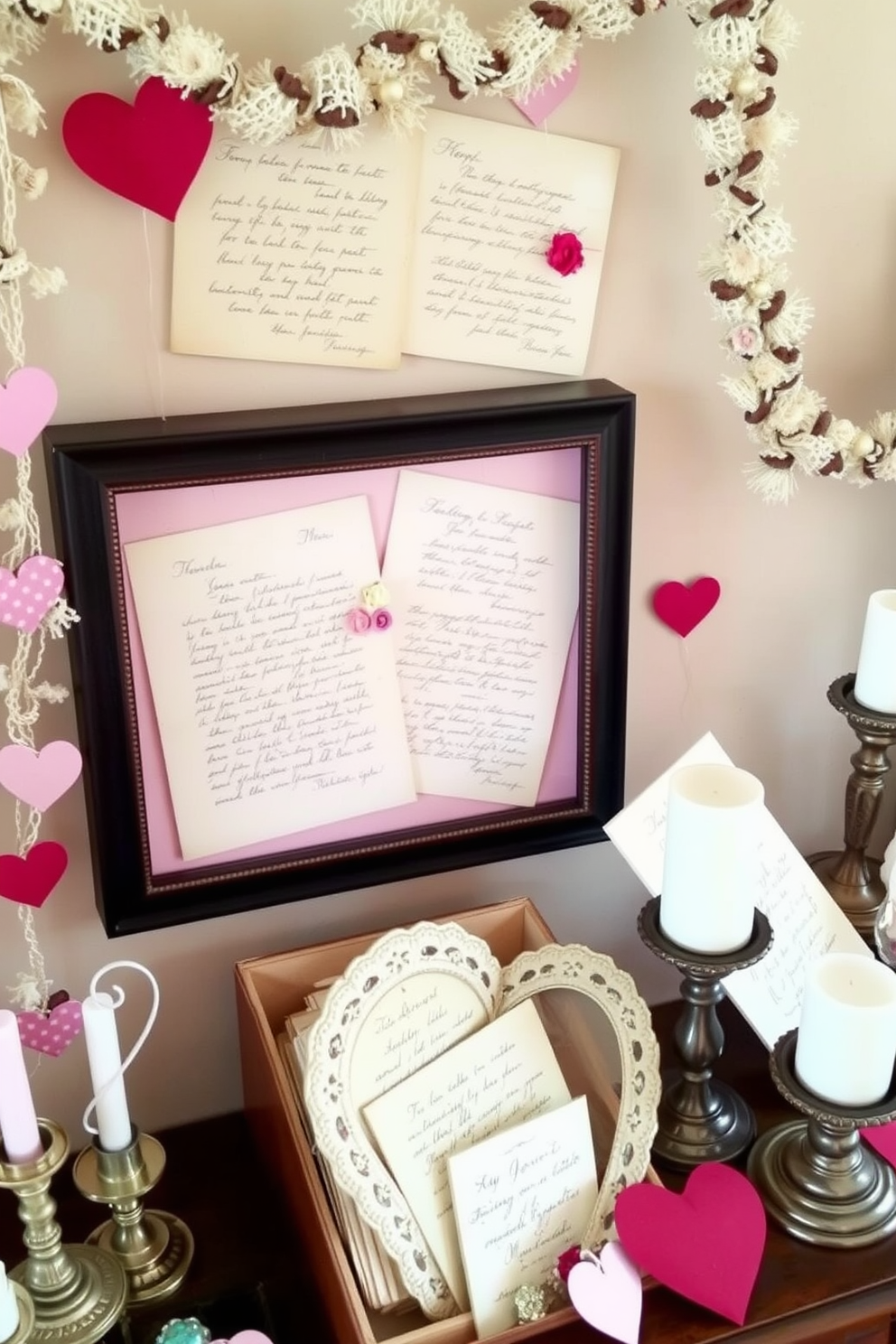 A charming display of vintage love letters arranged in a decorative shadow box. The letters are elegantly aged, featuring beautiful cursive handwriting, and are complemented by delicate floral accents. The backdrop is a soft pastel color that enhances the romantic theme. Surrounding the shadow box are whimsical decorations, such as heart-shaped garlands and antique-inspired candle holders, creating a cozy Valentine's Day atmosphere in the attic.