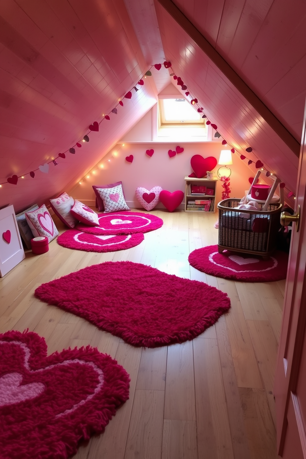 A cozy attic space adorned with heart-patterned rugs that add warmth to the wooden floor. Soft lighting creates an inviting atmosphere, while decorative elements like heart-shaped pillows and garlands enhance the Valentine's Day theme.