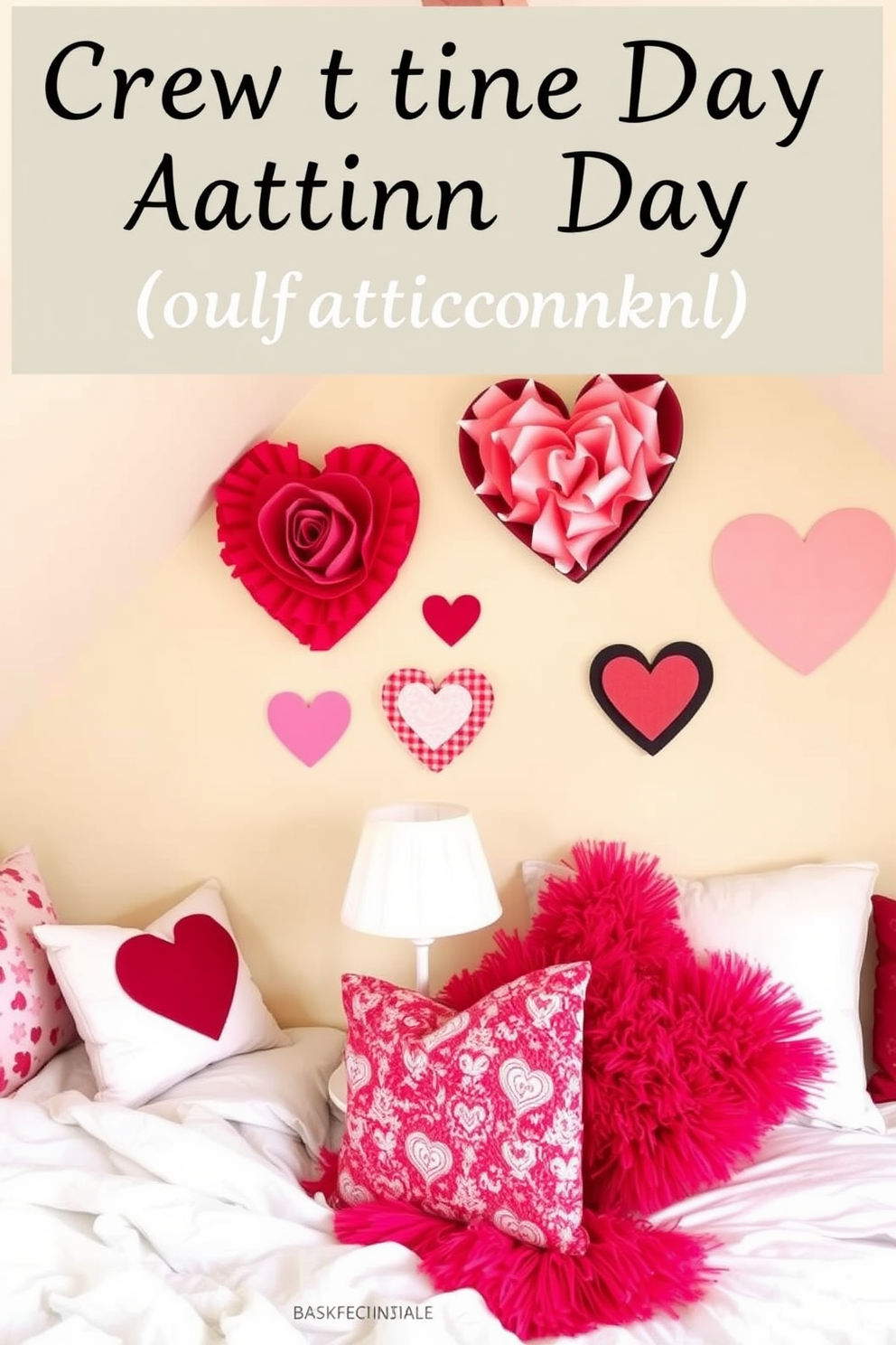 Create a cozy attic space decorated for Valentine's Day. The walls feature heart-shaped DIY wall art made from colorful paper and fabric, adding a playful touch to the room.