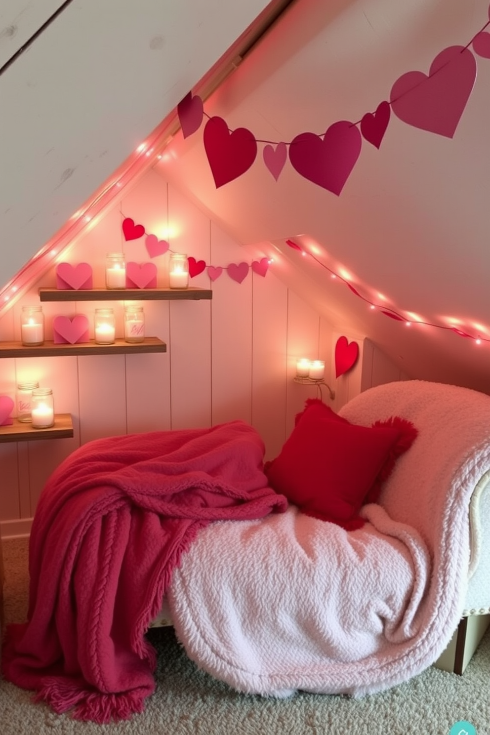 A cozy attic space decorated for Valentine's Day. Soft lighting is created with candles in mason jars placed on rustic wooden shelves, casting a warm glow throughout the room. The walls are adorned with heart-shaped garlands made from recycled paper. Plush pillows and blankets in shades of pink and red are scattered across a vintage chaise lounge, inviting relaxation and romance.