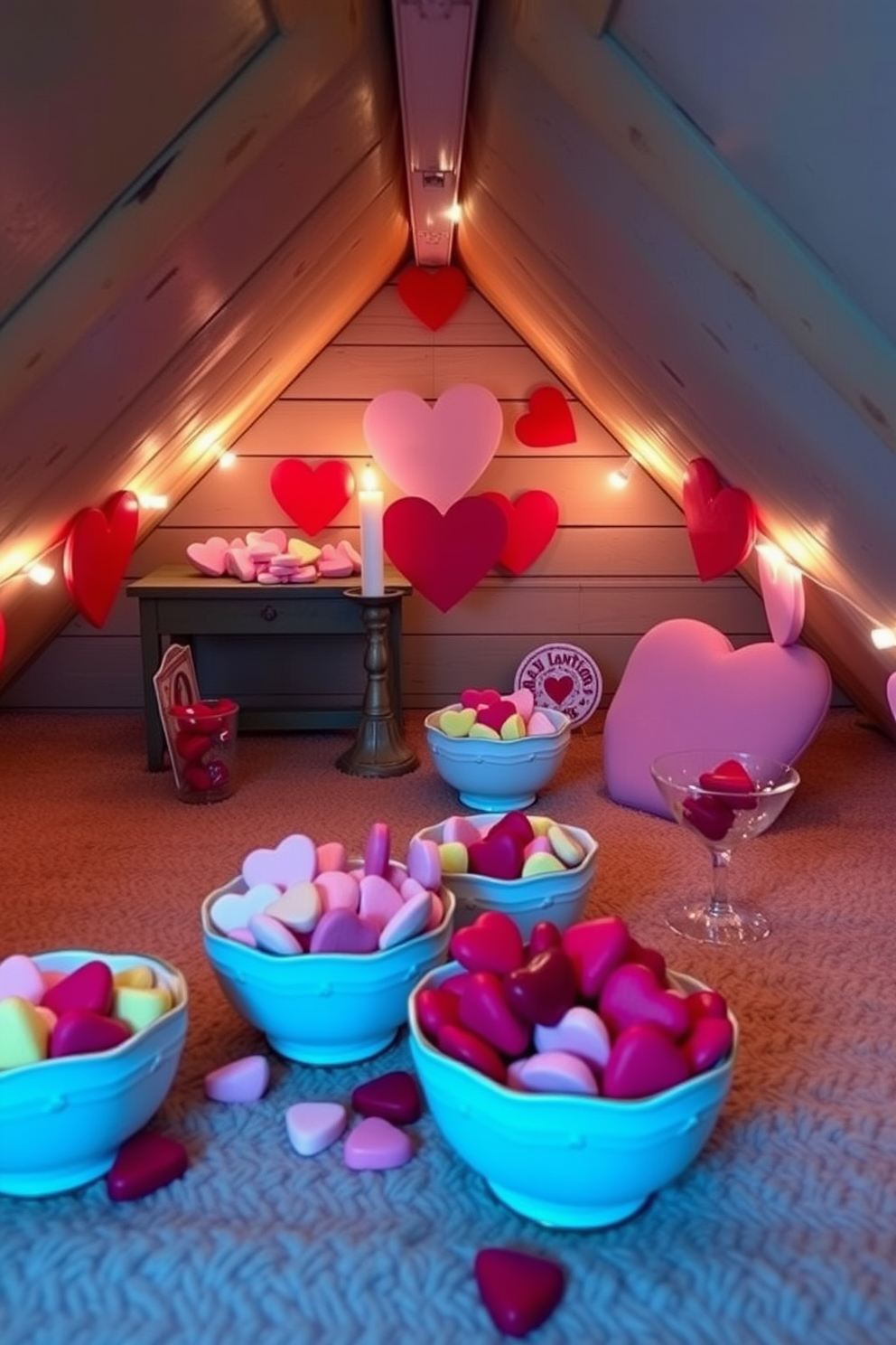 A cozy attic space decorated for Valentine's Day features decorative bowls filled with colorful conversation hearts. Soft lighting illuminates the room, creating a warm and inviting atmosphere perfect for celebrating love.