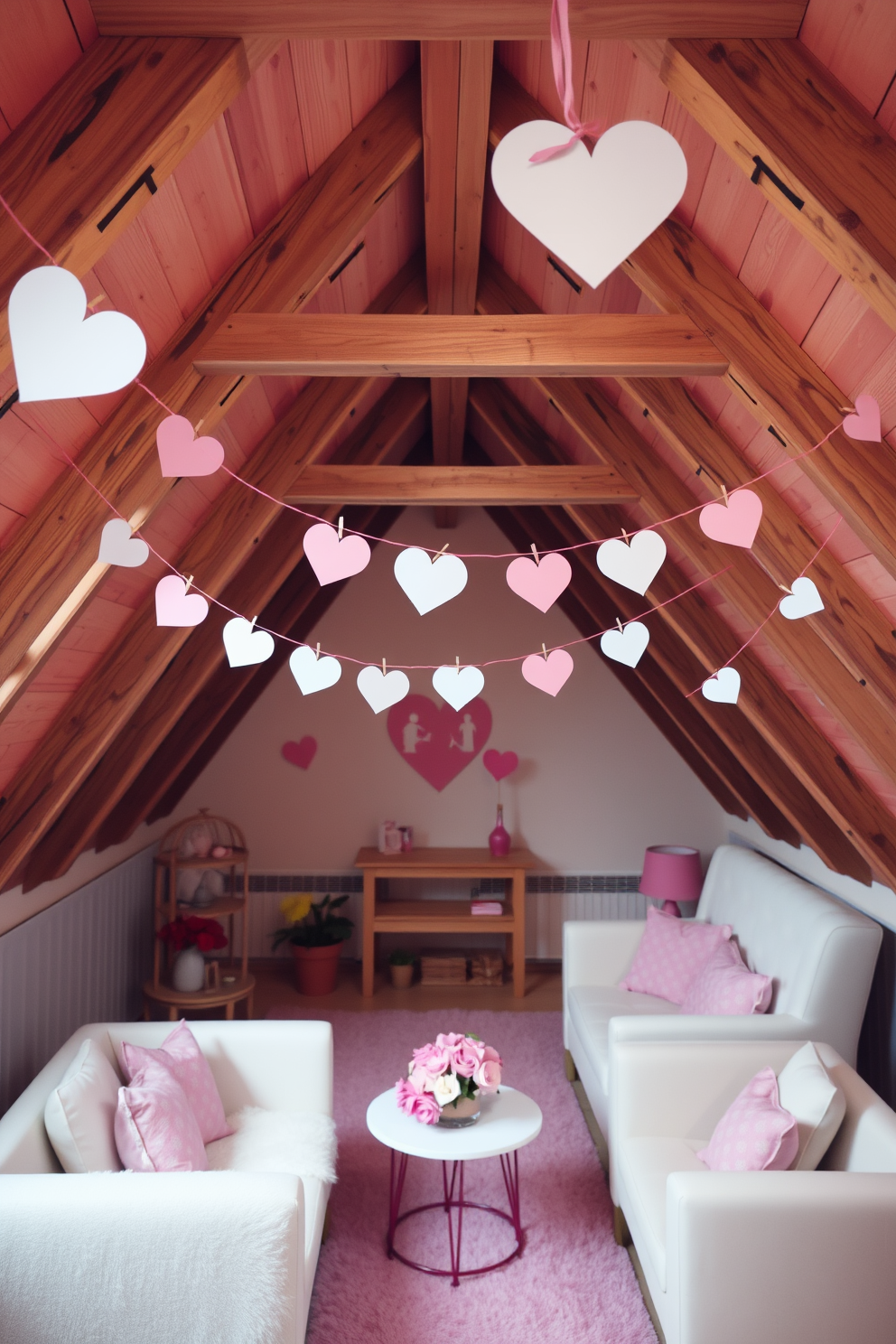 A charming attic space adorned with a string of paper love letters delicately hanging across wooden beams. The decor features soft pastel colors, heart-shaped accents, and cozy seating arrangements that evoke a romantic atmosphere for Valentine's Day.