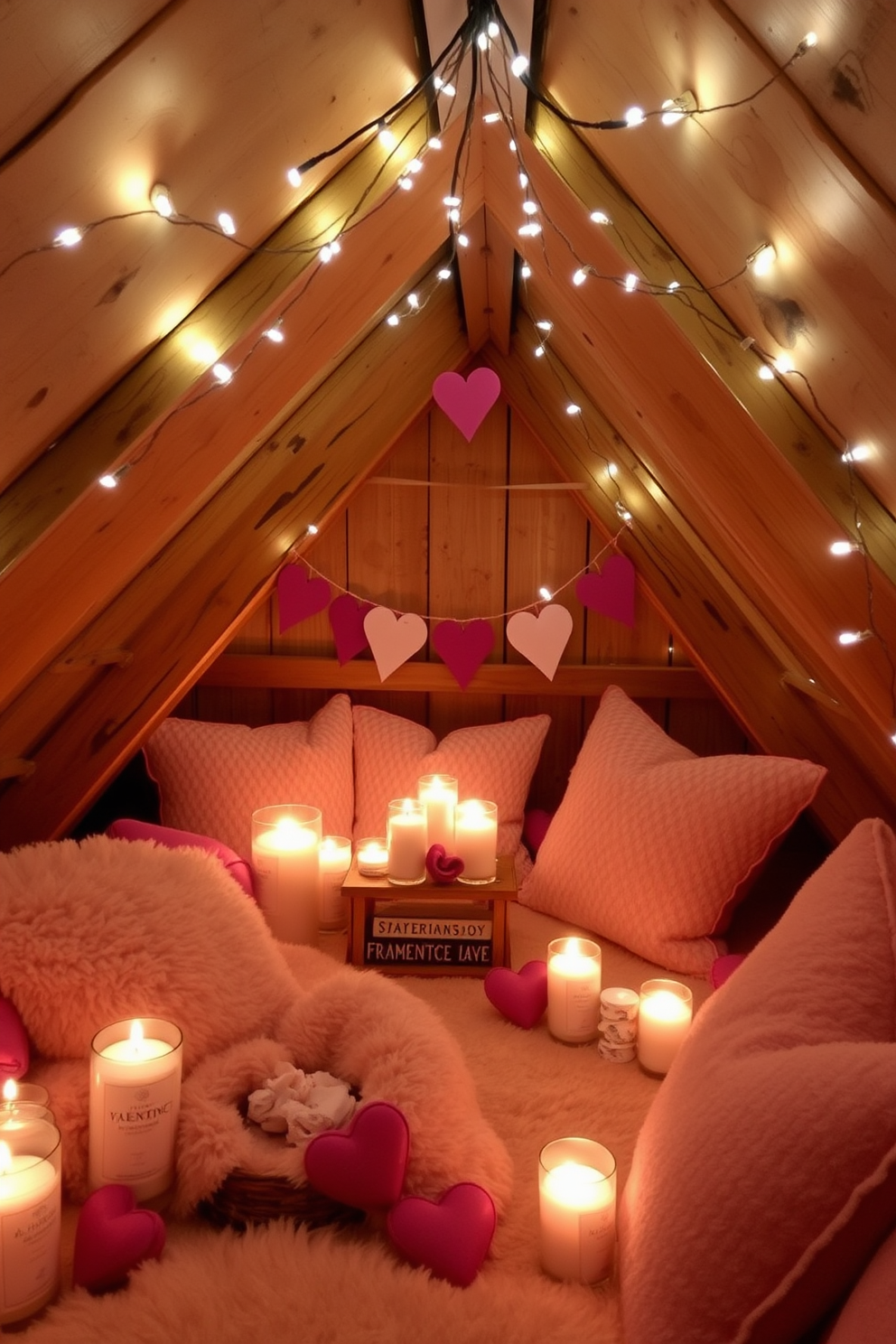 A cozy attic space adorned for Valentine's Day. Scented candles with romantic fragrances are scattered throughout, casting a warm glow over rustic wooden beams and soft, plush textiles. Delicate fairy lights twinkle above, creating an enchanting atmosphere. Heart-shaped decorations and soft pink accents bring a touch of love to the charming, intimate setting.