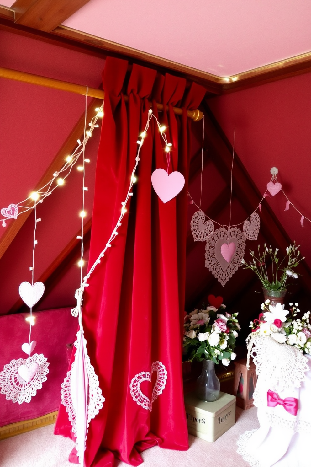 Red velvet curtains drape elegantly from a polished wooden rod, creating a warm and inviting atmosphere in the room. The rich texture of the fabric enhances the cozy feel, making it the perfect backdrop for a romantic setting. For a charming Valentine's Day theme, the attic is adorned with whimsical decorations like heart-shaped garlands and soft fairy lights. Vintage-inspired accents such as lace doilies and floral arrangements add a touch of nostalgia to the festive decor.