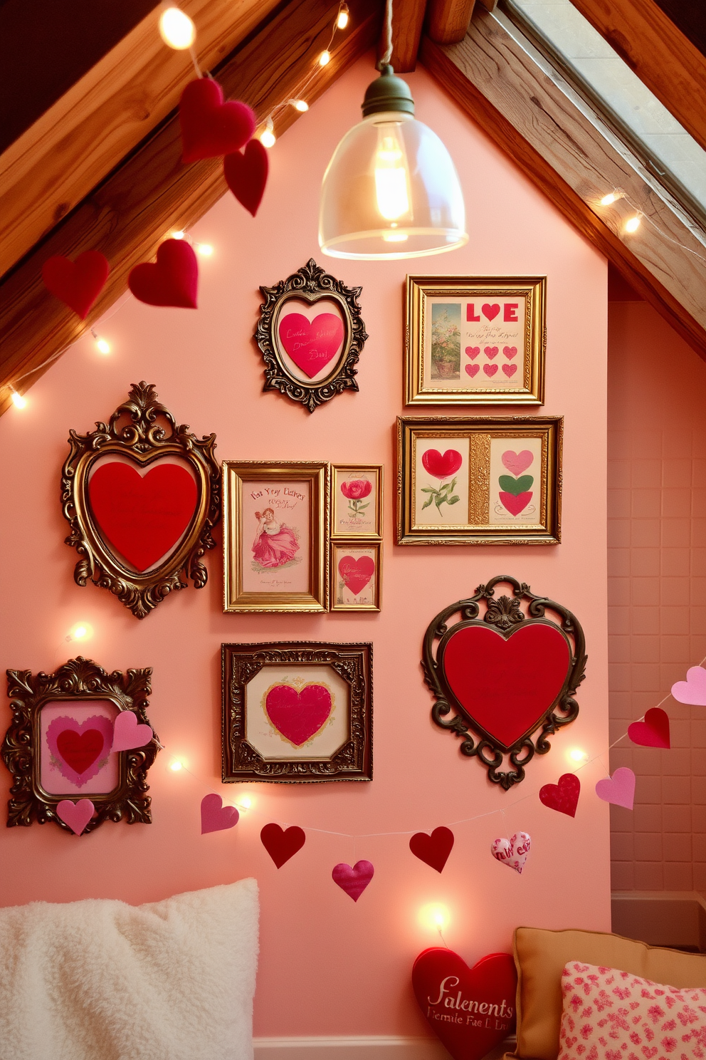 A collection of vintage Valentine cards displayed in ornate decorative frames. The frames are arranged in a gallery style on a soft pastel wall, creating a nostalgic and romantic atmosphere. An attic space transformed for Valentine's Day with charming decorations. Soft fairy lights illuminate the area, while handmade heart garlands hang from the wooden beams, adding a whimsical touch.