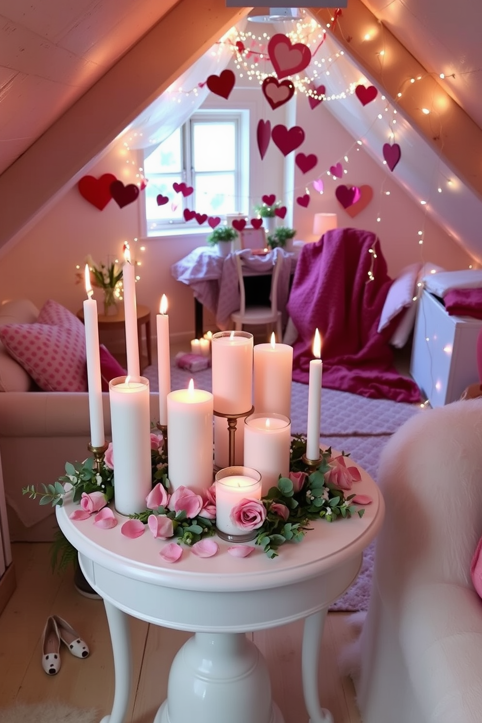 A romantic candle display on a side table. The table is adorned with an assortment of candles in varying heights, surrounded by delicate rose petals and soft greenery. Attic Valentine's Day decorating ideas. The space is filled with whimsical elements like heart-shaped garlands, fairy lights, and cozy blankets to create an inviting atmosphere.