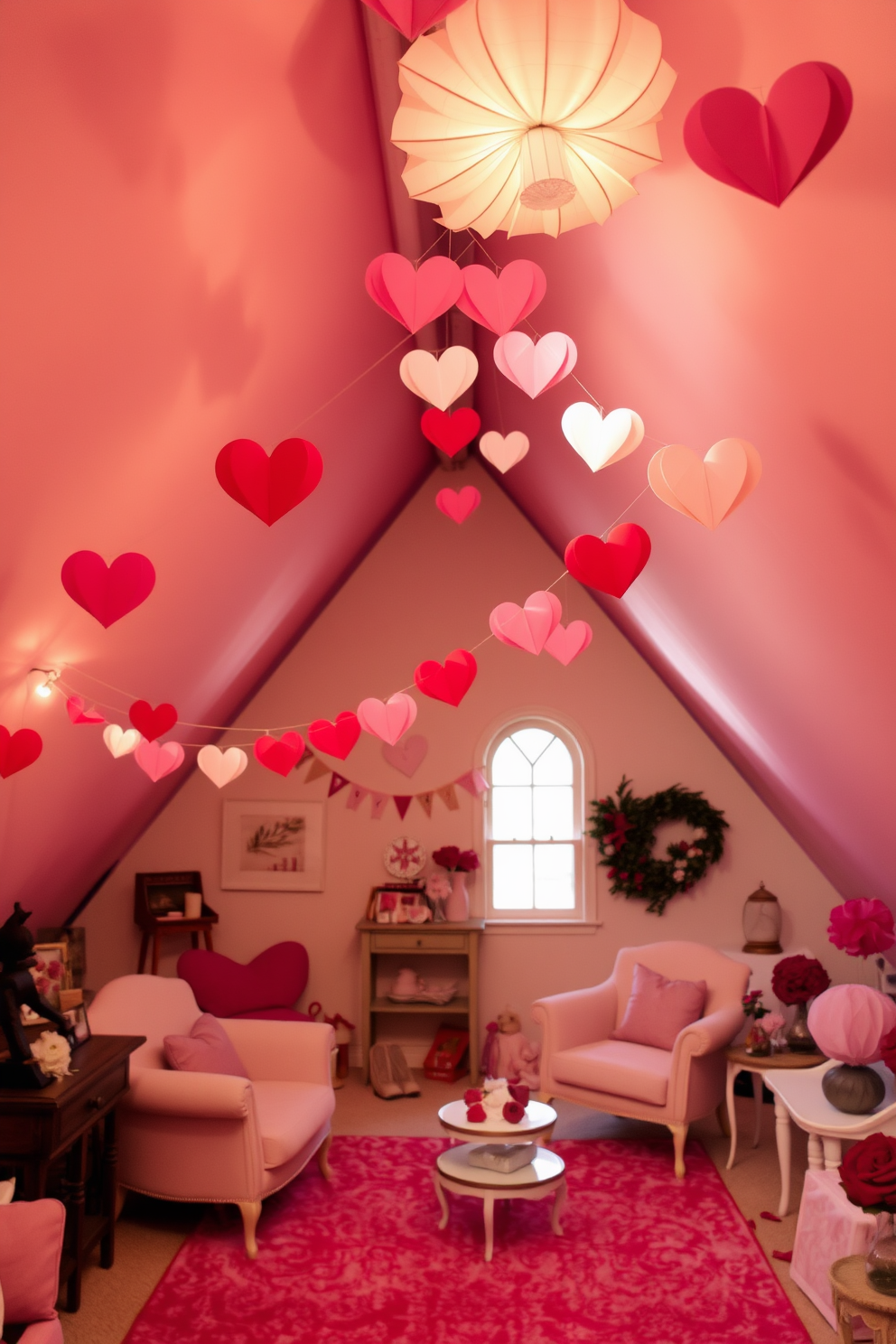 A whimsical attic space adorned with an ombre tissue paper heart garland that gracefully drapes from the ceiling. The soft hues of pink and red create a romantic atmosphere, complemented by vintage decor and cozy seating arrangements for a perfect Valentine's Day celebration.