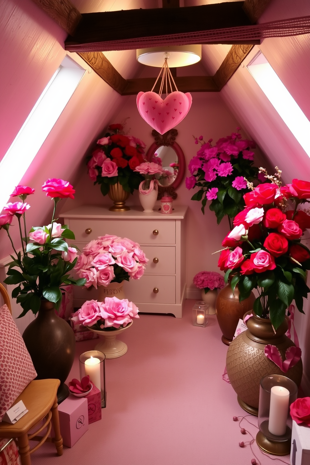 A charming attic space adorned with delightful floral arrangements featuring vibrant pink and red blooms. The decor is enhanced with soft lighting and romantic accents, creating a warm and inviting atmosphere for Valentine's Day.