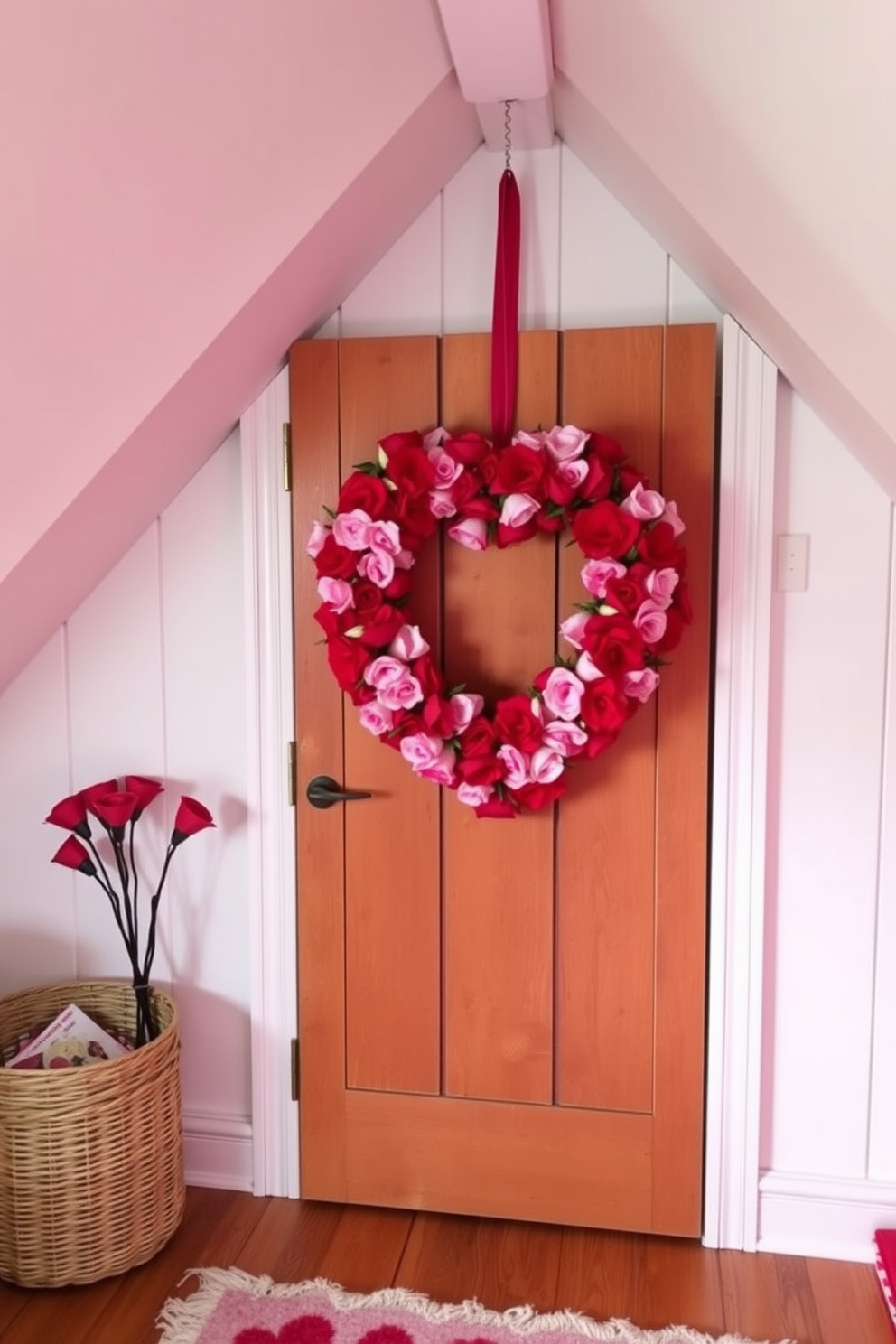 Create a charming attic space decorated for Valentine's Day. A heart-shaped wreath made of red and pink flowers adorns the attic door, inviting warmth and love into the room.