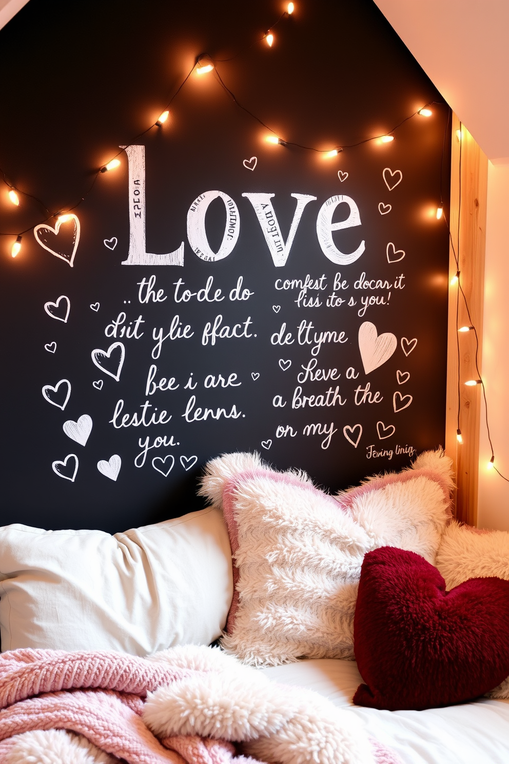 Love quotes on chalkboard wall art create a charming and romantic atmosphere. The quotes are elegantly handwritten in white chalk, surrounded by whimsical doodles and hearts. Attic Valentines Day decorating ideas transform the space into a cozy retreat. Soft fairy lights twinkle above, while plush cushions and warm blankets invite relaxation and intimacy.