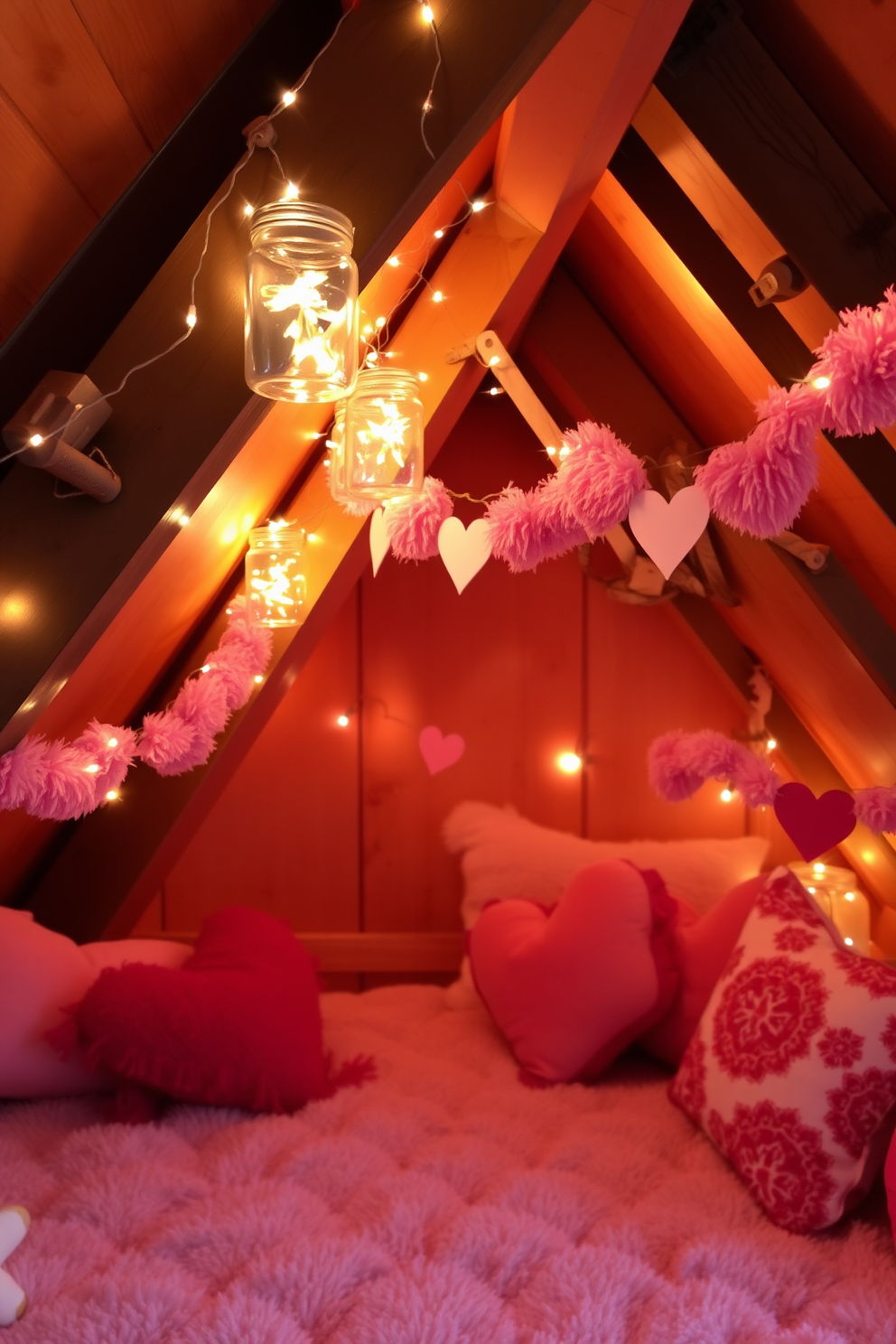 A cozy attic space adorned with whimsical fairy lights in glass jars creates a magical atmosphere. The warm glow of the lights reflects off the wooden beams, enhancing the charm of the room. For Valentine's Day, the attic is decorated with soft pink and red accents. Heart-shaped garlands hang from the ceiling, and plush cushions in romantic patterns invite guests to relax and enjoy the festive spirit.