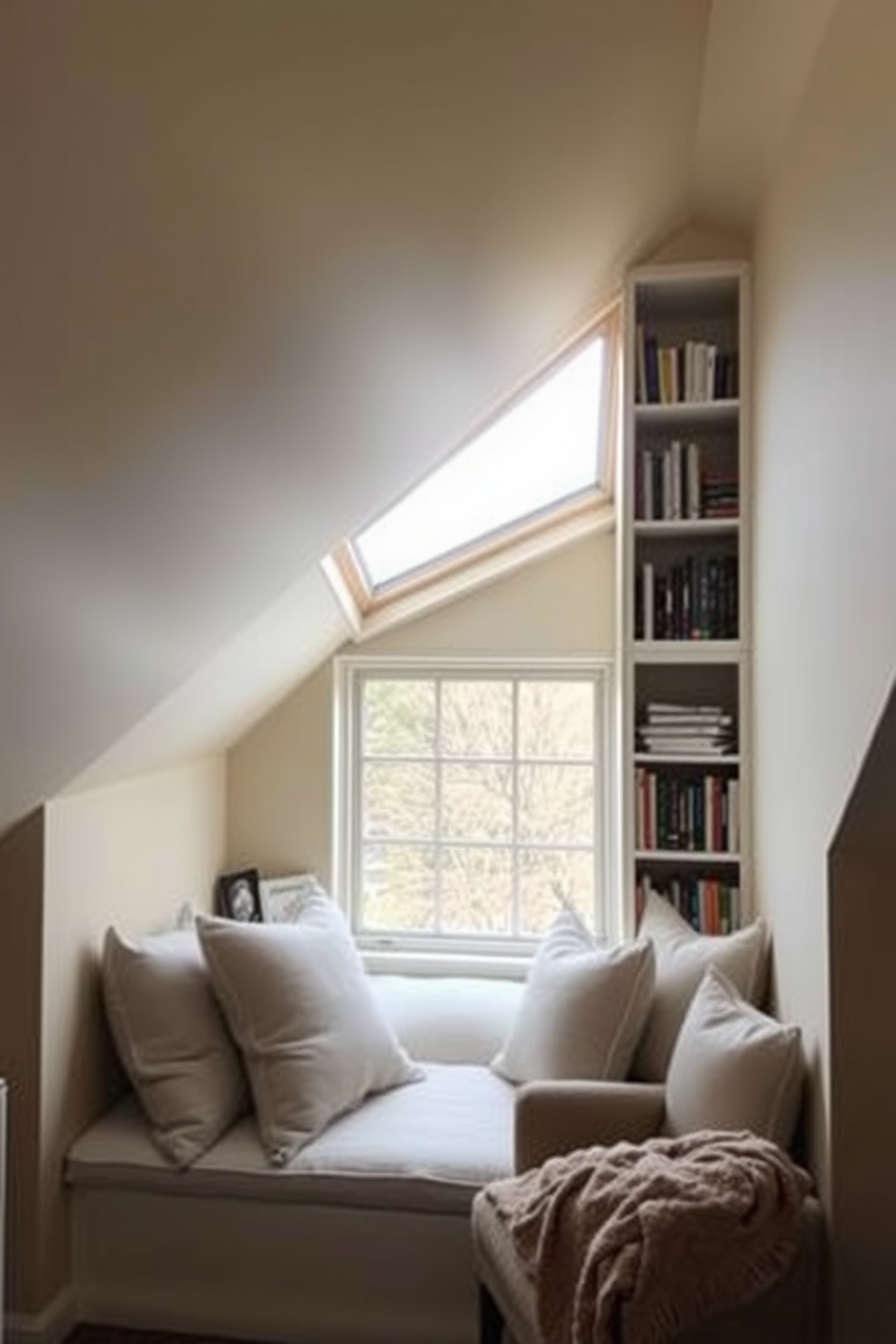 Cozy reading nook with window seat. Soft cushions and a warm throw blanket adorn the window seat, creating an inviting space for relaxation and reading. Attic window design ideas. The sloped ceiling features a large skylight that floods the room with natural light, complemented by built-in bookshelves and a comfortable armchair.