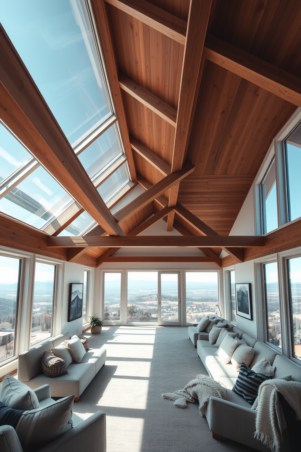 A stunning attic space featuring floor-to-ceiling windows that provide expansive views of the surrounding landscape. The natural light floods the room, highlighting the elegant wooden beams and creating a warm and inviting atmosphere. The design incorporates cozy seating areas arranged to take advantage of the views, with plush cushions and soft throws. A minimalist approach is used for the décor, with subtle artwork and a neutral color palette that enhances the serene environment.